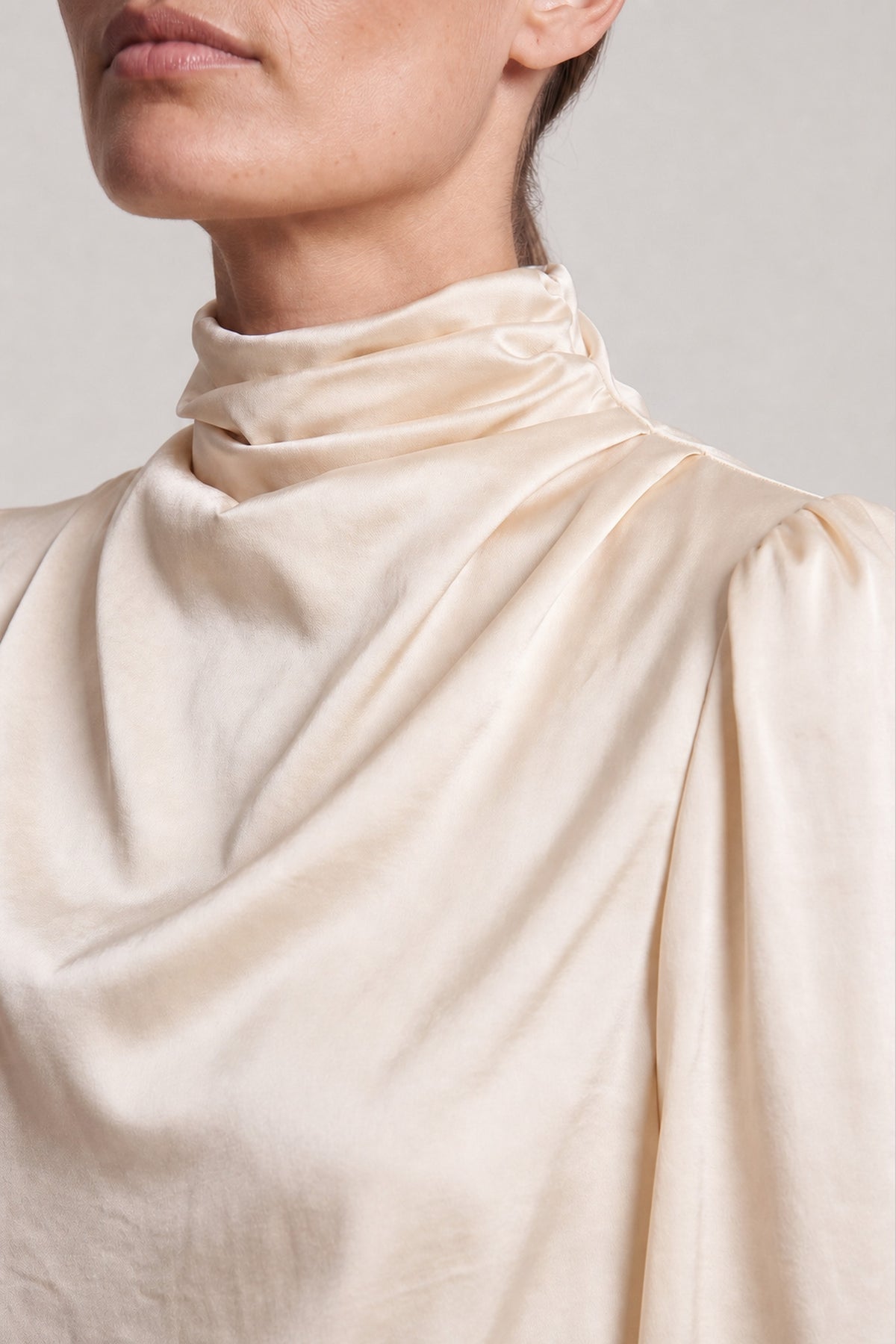 High Neck Draped Satin Blouse In Ivory