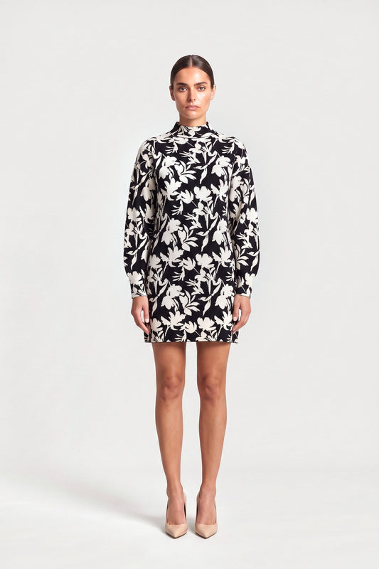 Floral Print Mini Dress In Monochrome