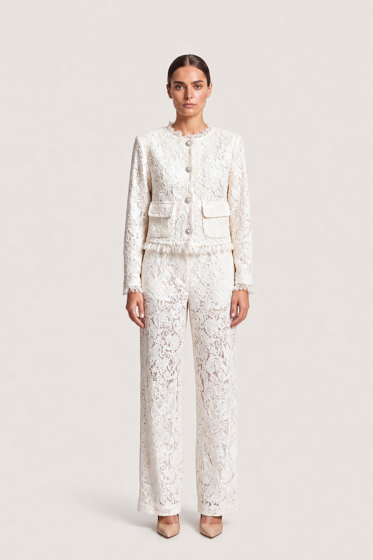 Lace Jacket And Trouser Set In Ivory