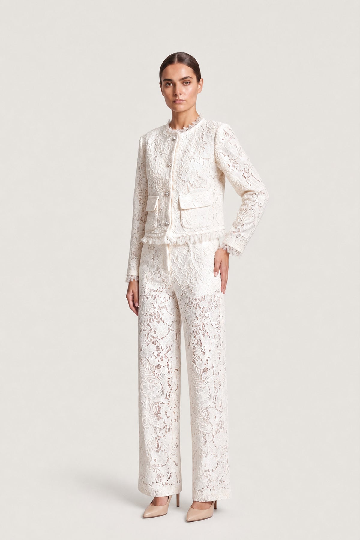 Lace Jacket And Trouser Set In Ivory