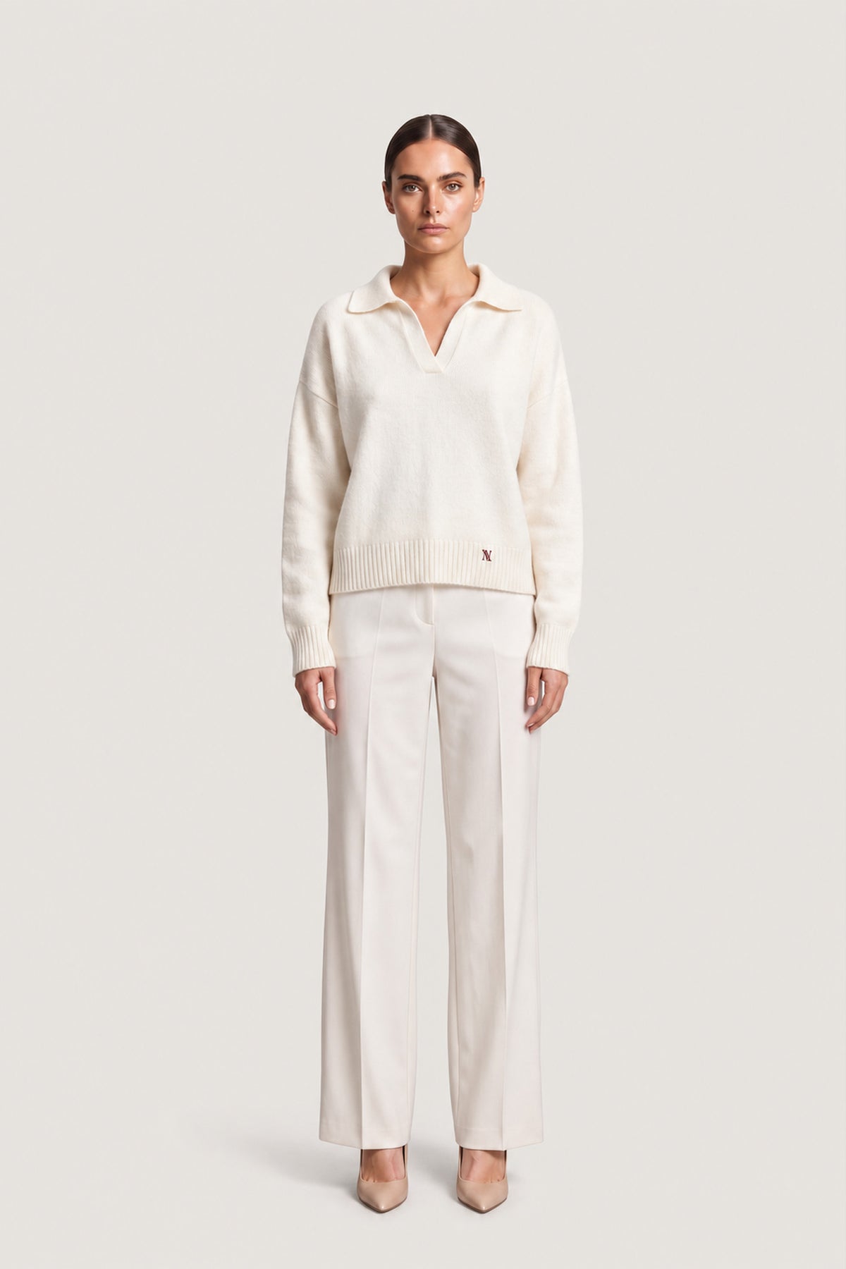 Long Sleeve Polo Sweater In Cream