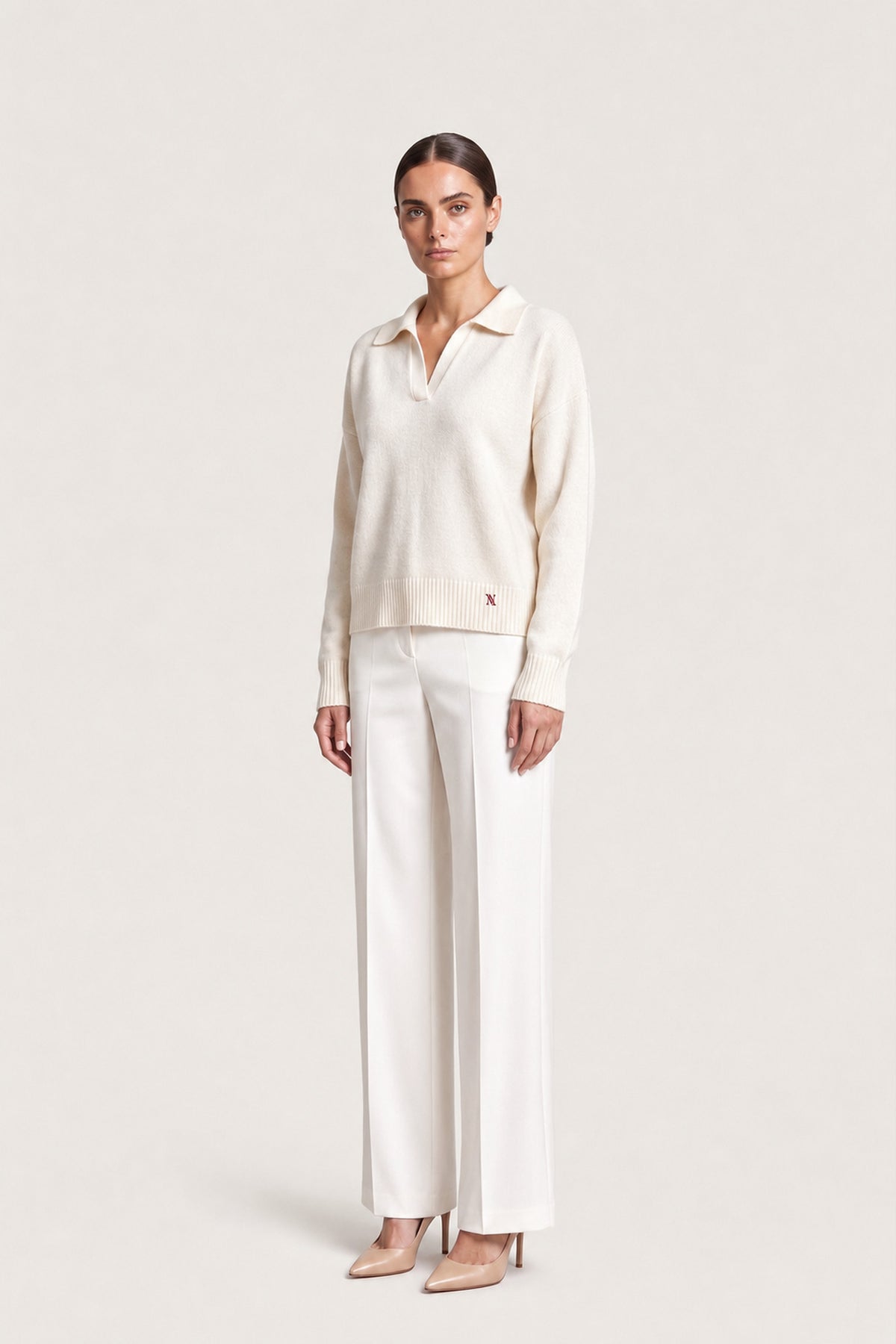 Long Sleeve Polo Sweater In Cream