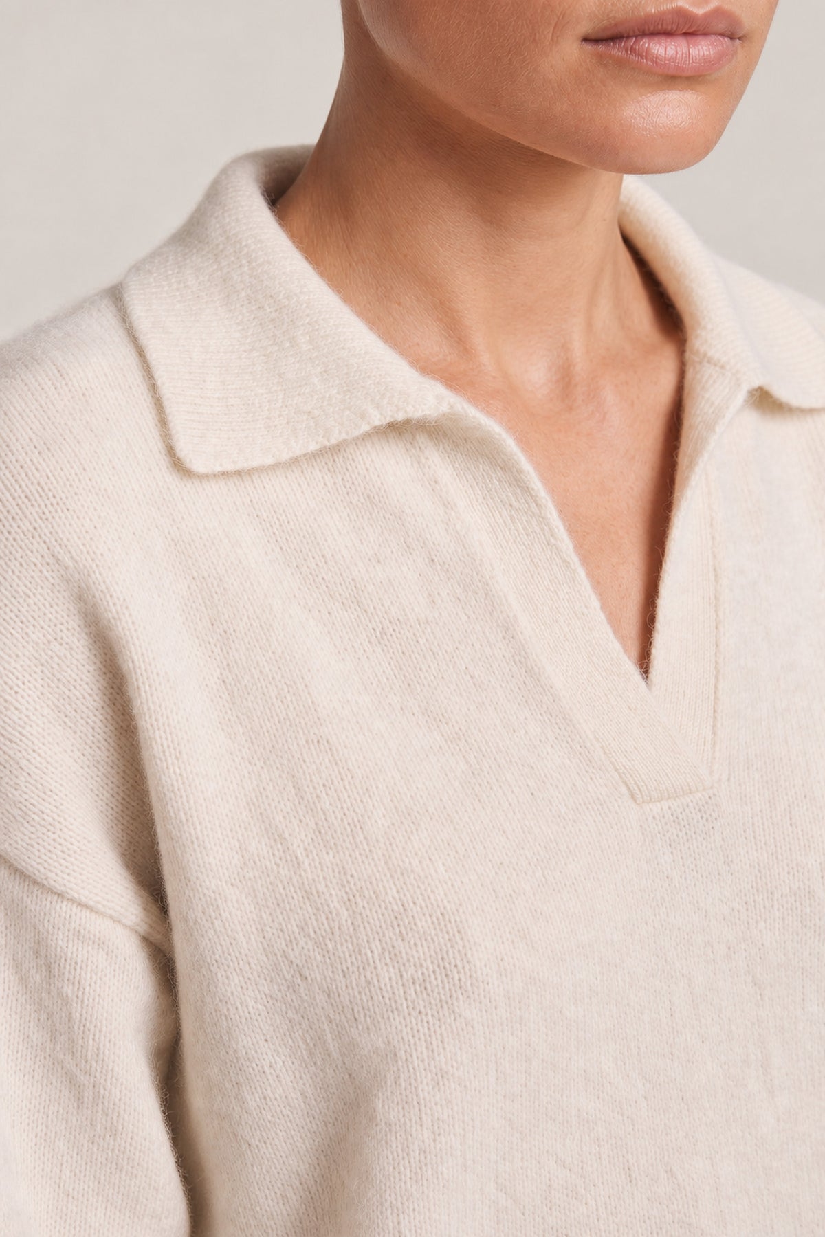 Long Sleeve Polo Sweater In Cream