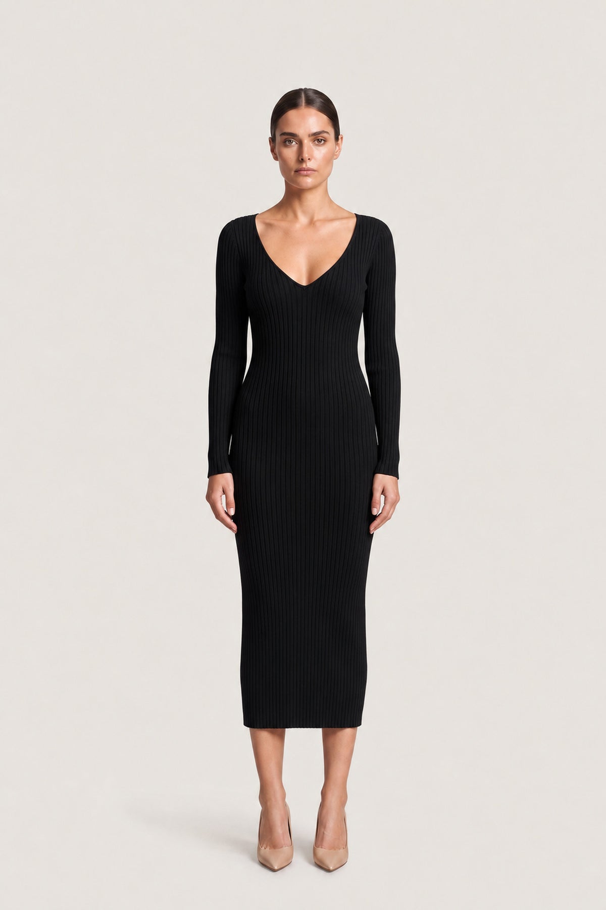 Long Sleeve Rib Knit Midi Dress In Black