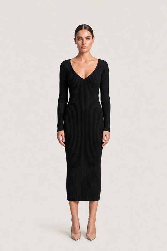 Long Sleeve Rib Knit Midi Dress In Black