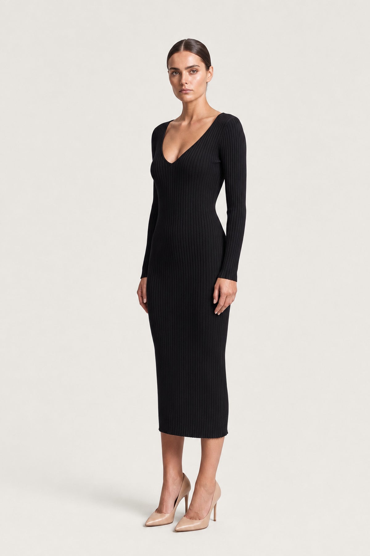 Long Sleeve Rib Knit Midi Dress In Black