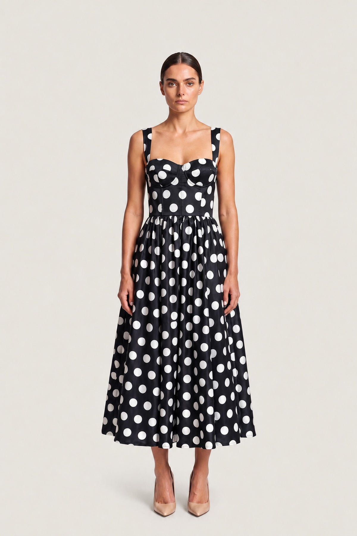 Polka Dot Bustier Midi Dress In Black