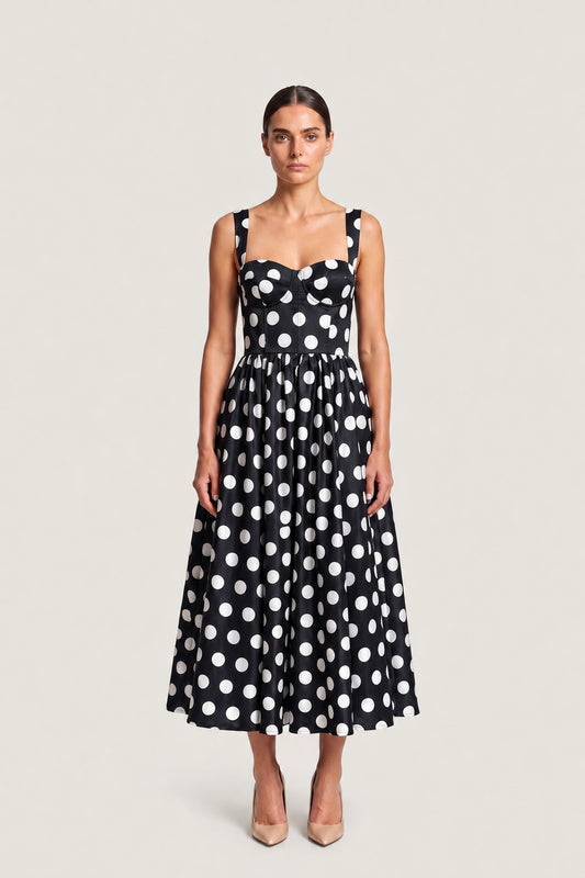 Polka Dot Bustier Midi Dress In Black