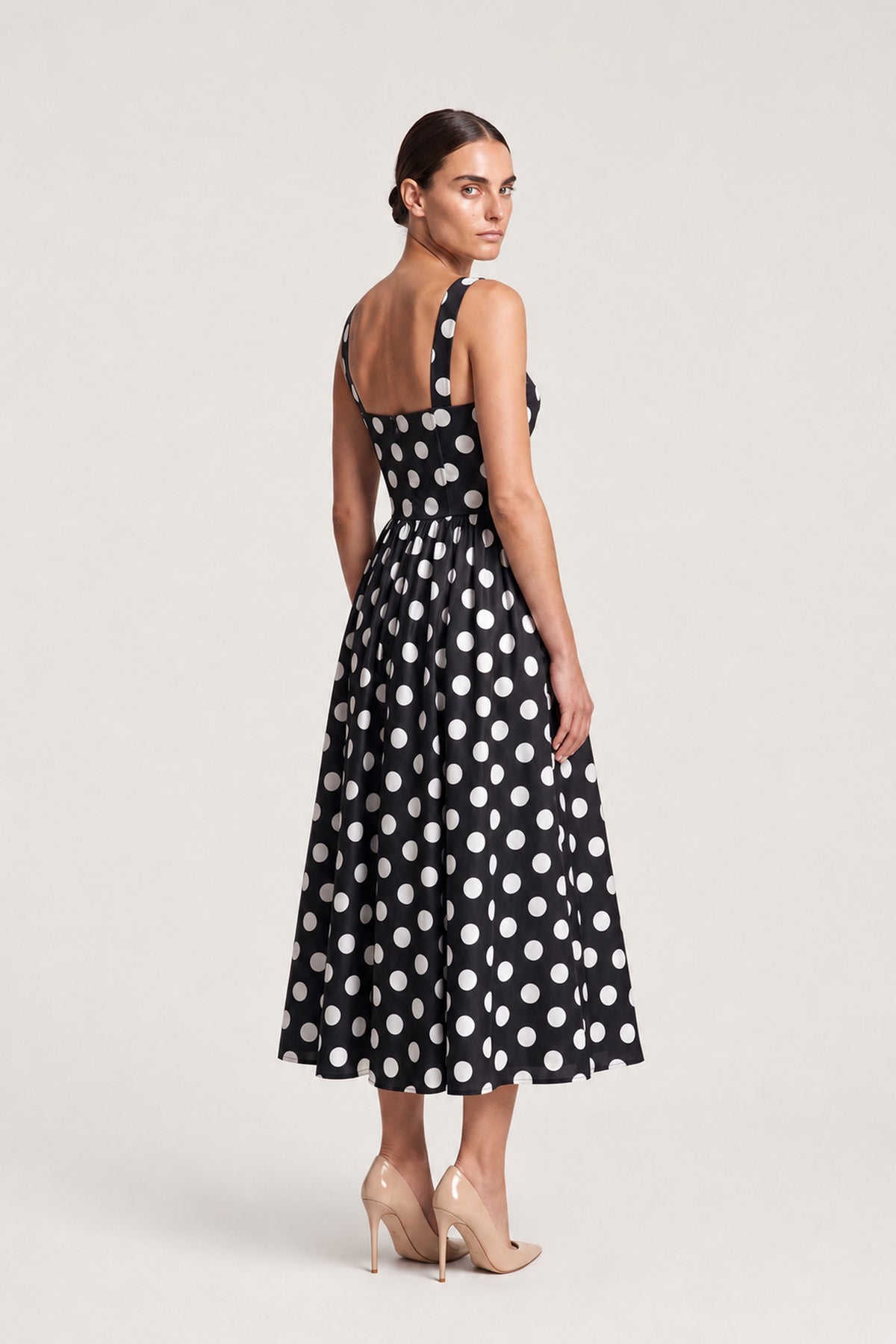 Polka Dot Bustier Midi Dress In Black