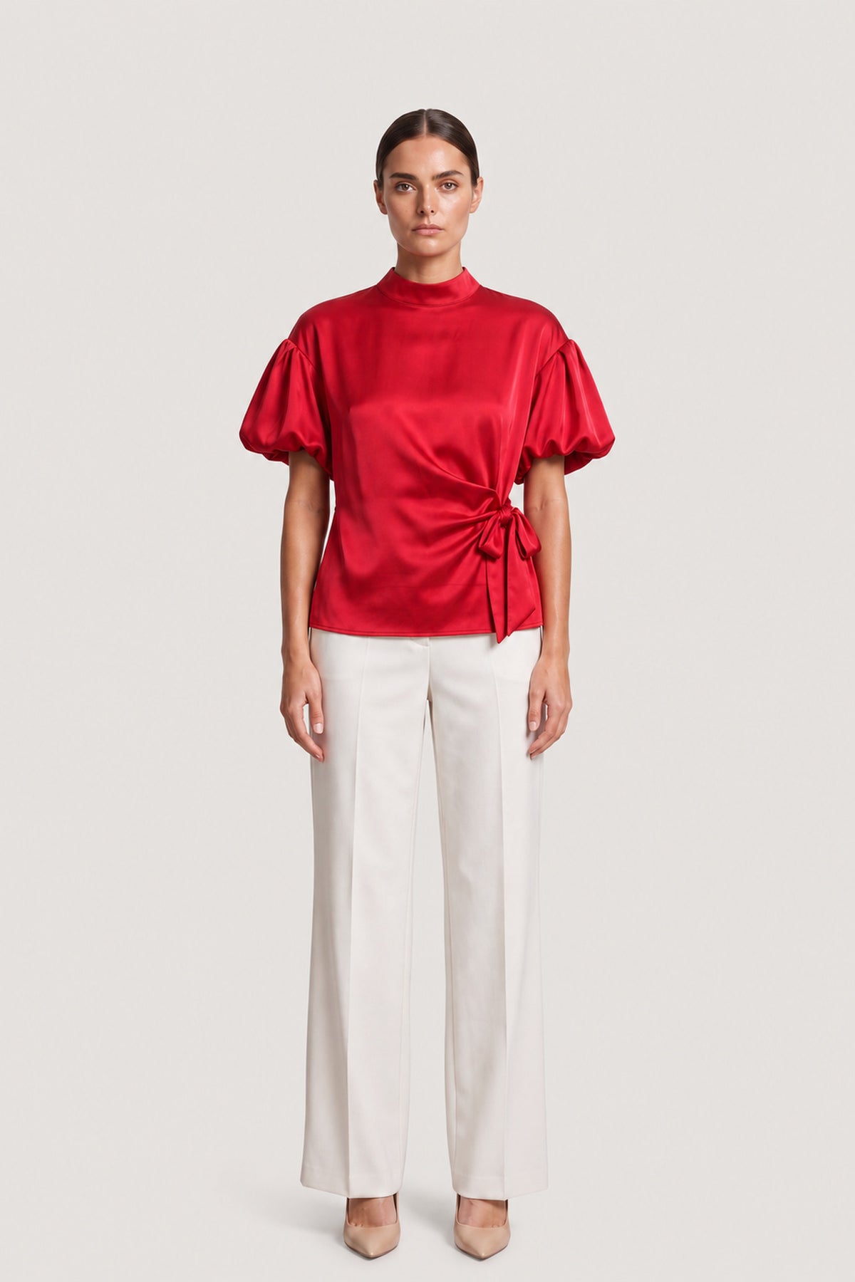 Side Tie Satin Blouse In Cherry