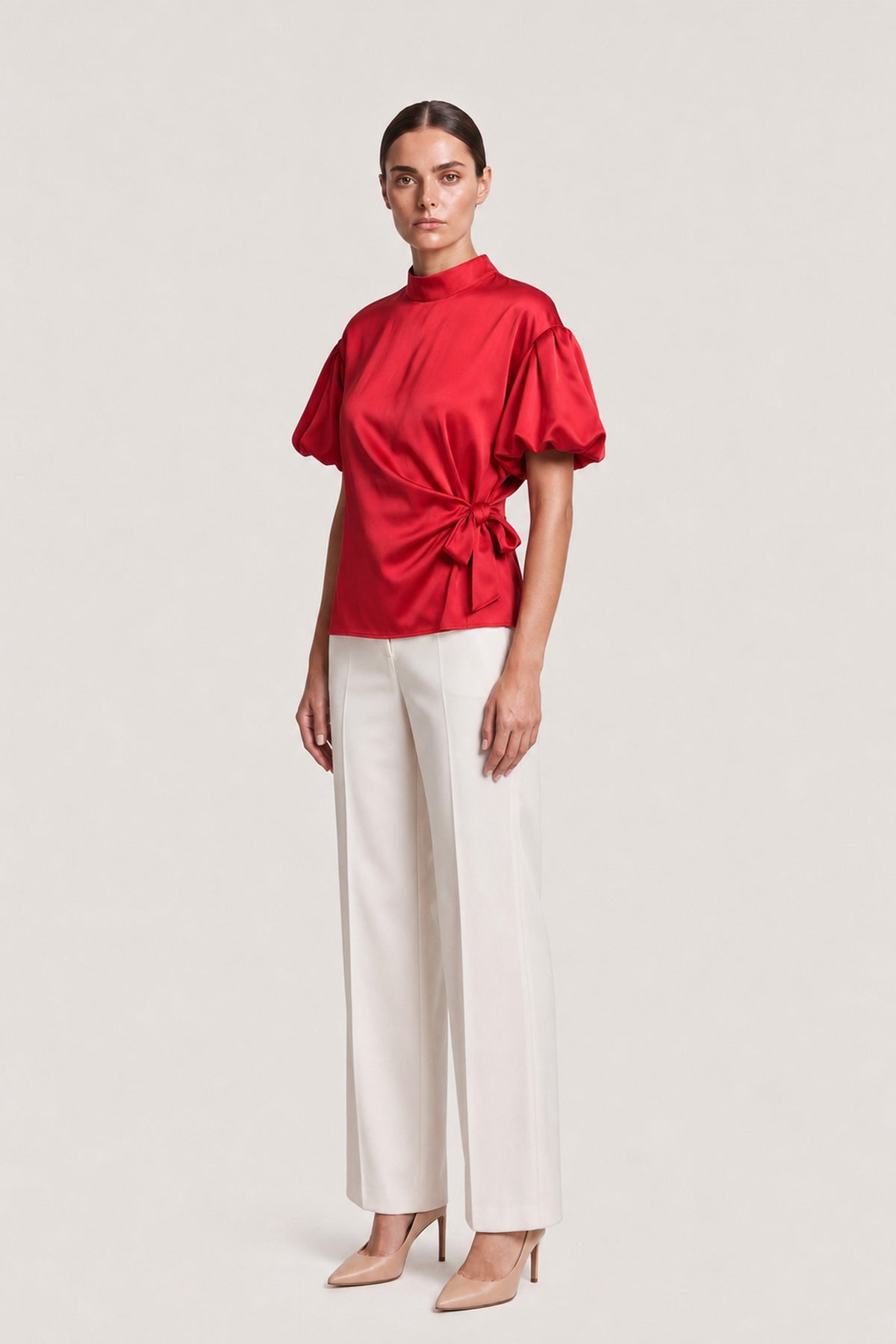 Side Tie Satin Blouse In Cherry