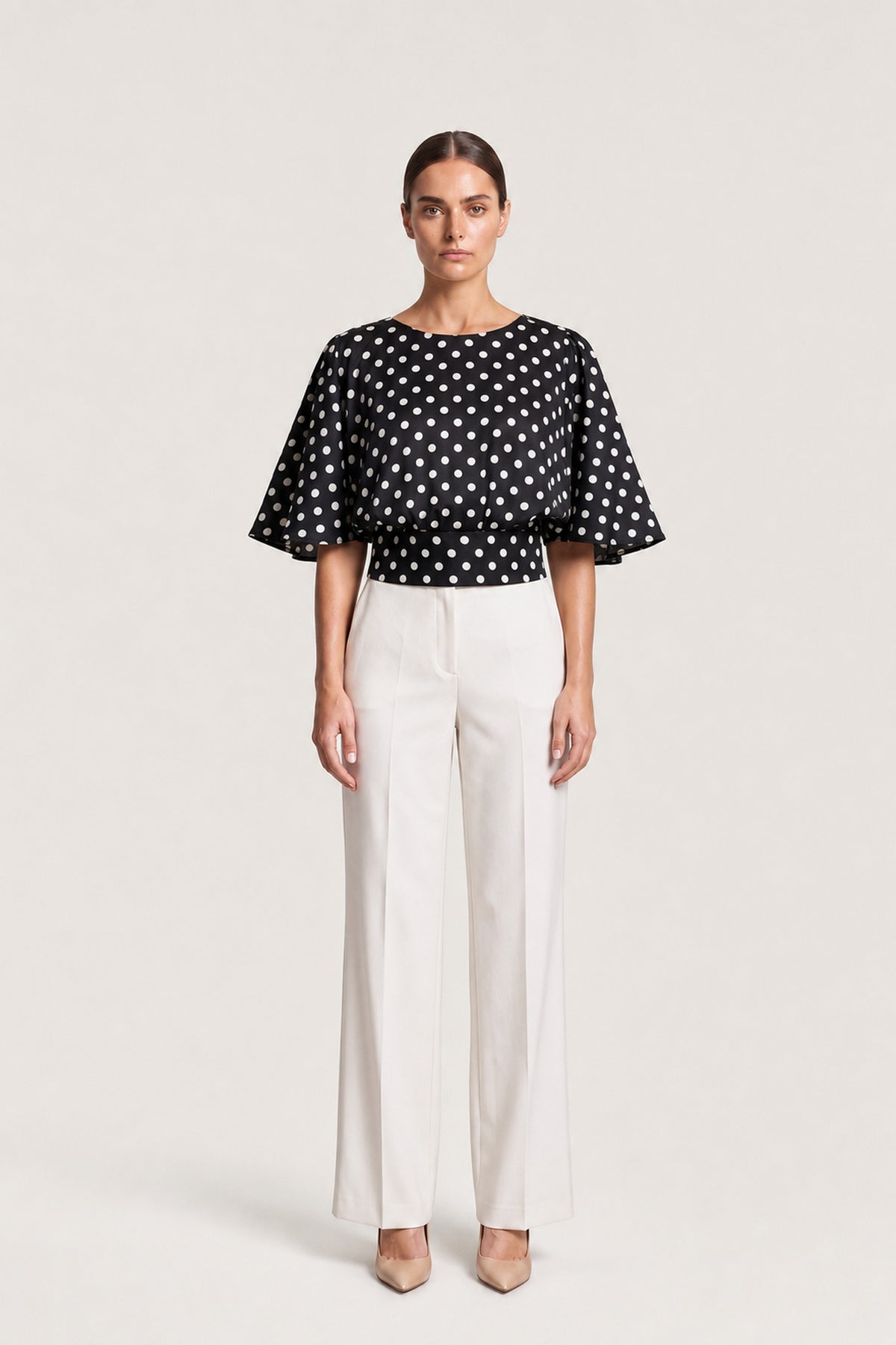 Dot Print Flared Sleeve Top In Black