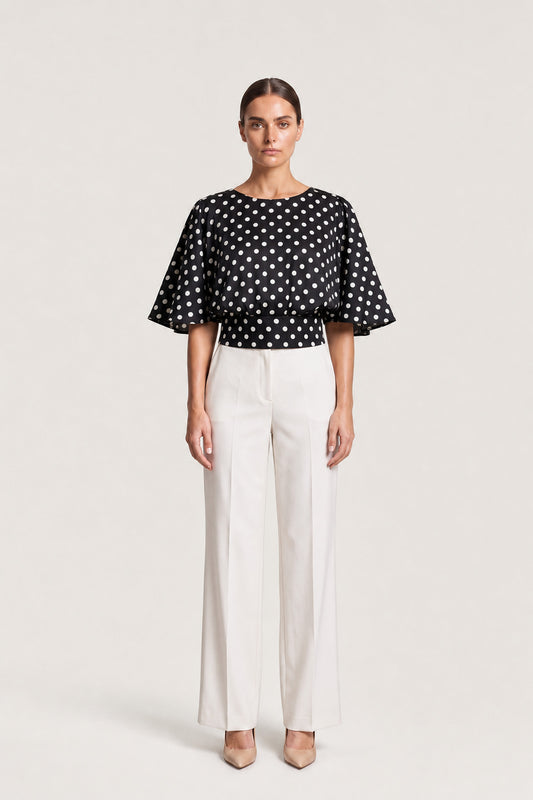 Dot Print Flared Sleeve Top In Black