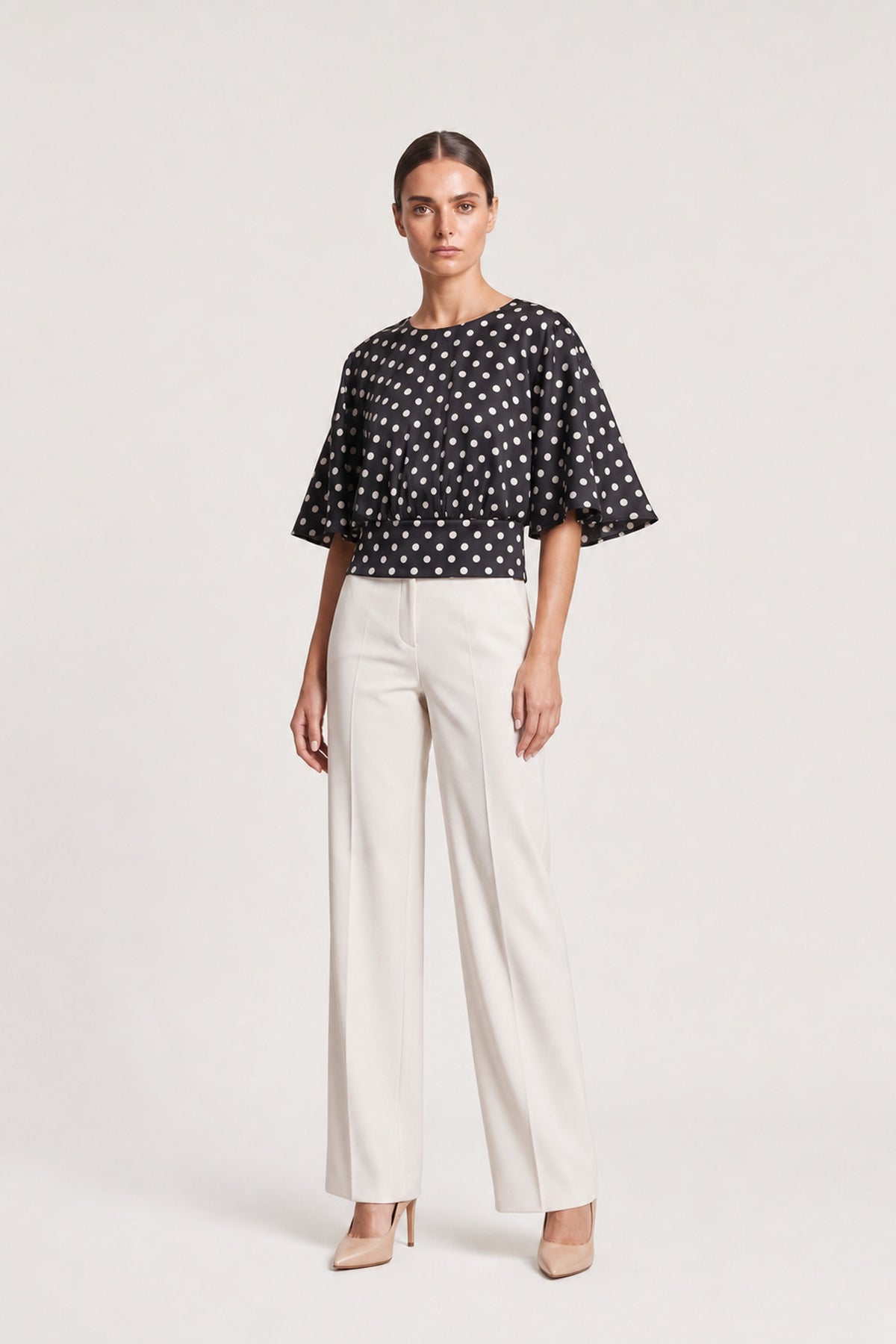 Dot Print Flared Sleeve Top In Black