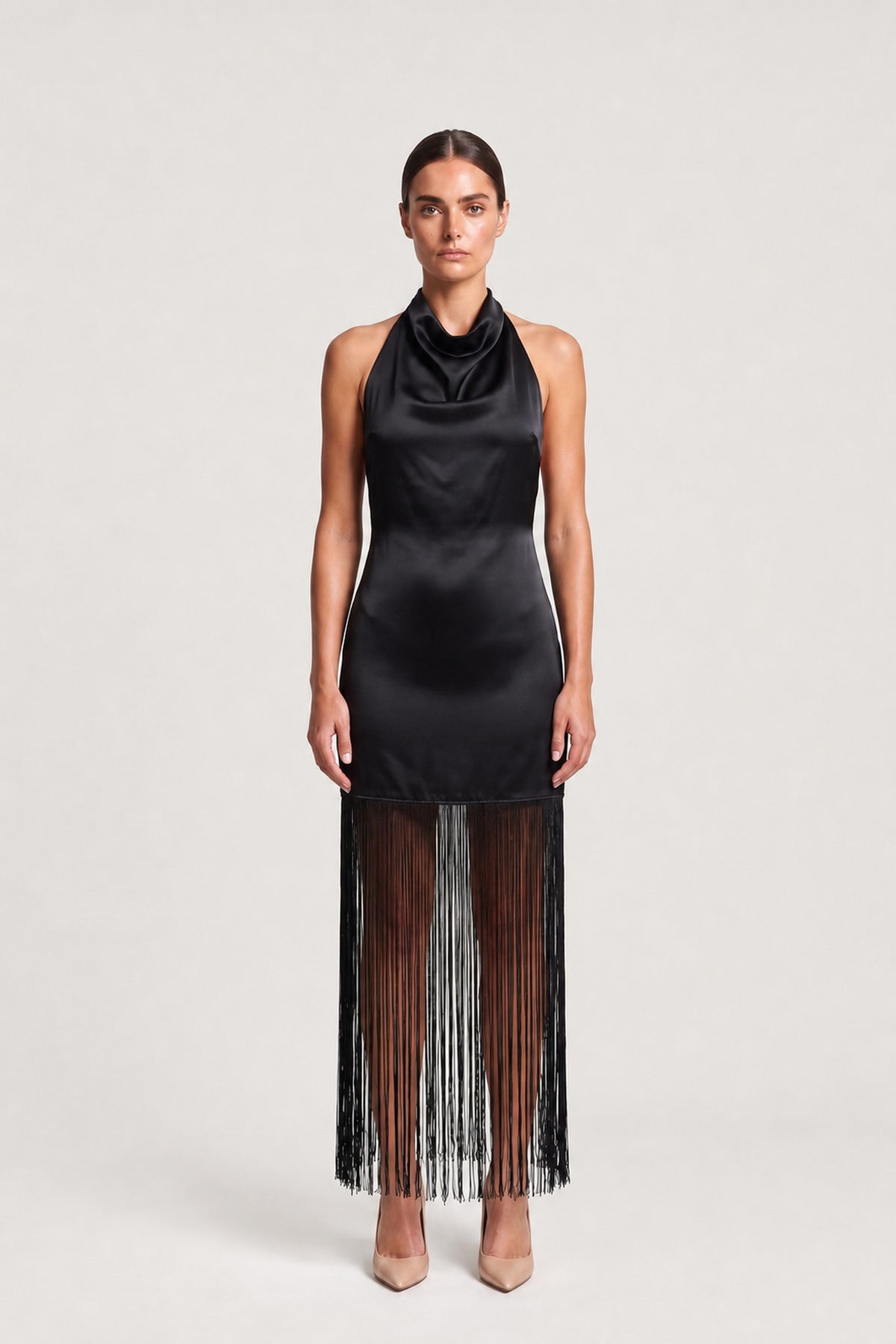 Fringed Halter Satin Dress In Black