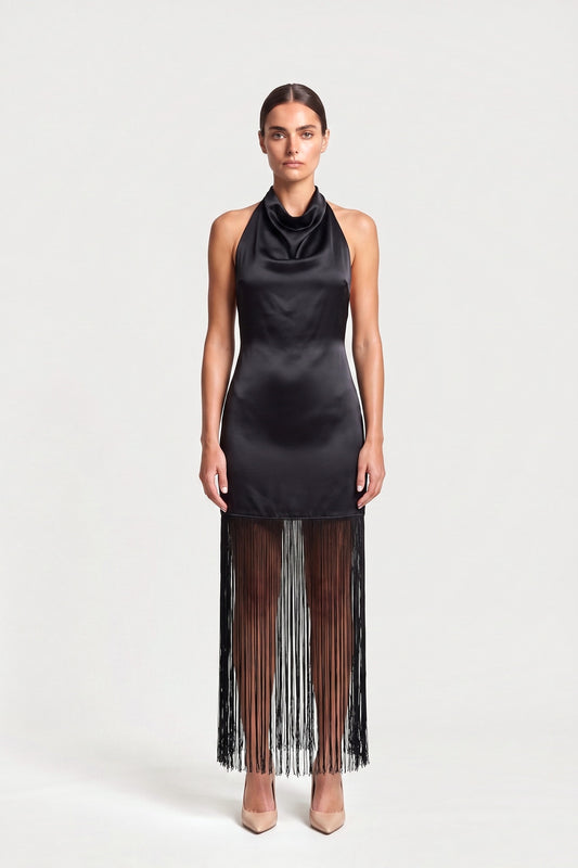 Fringed Halter Satin Dress In Black