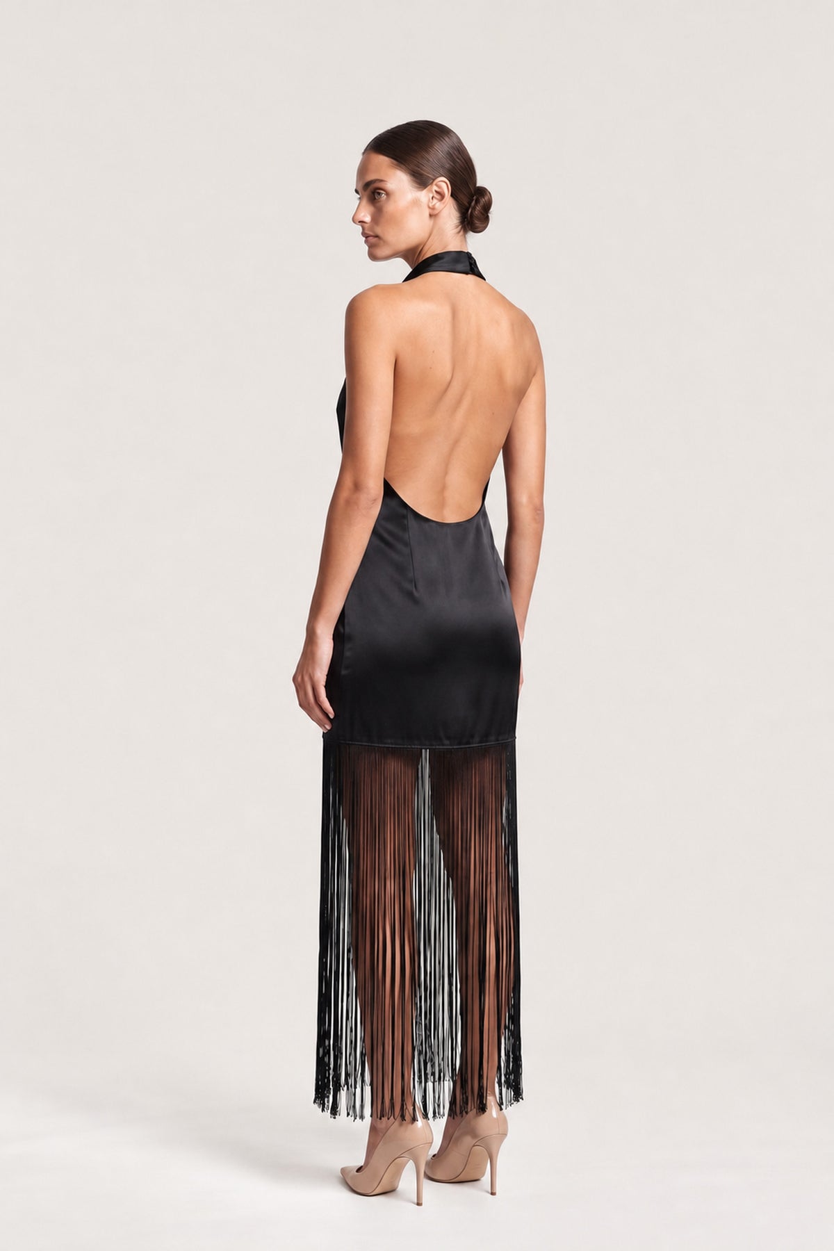Fringed Halter Satin Dress In Black