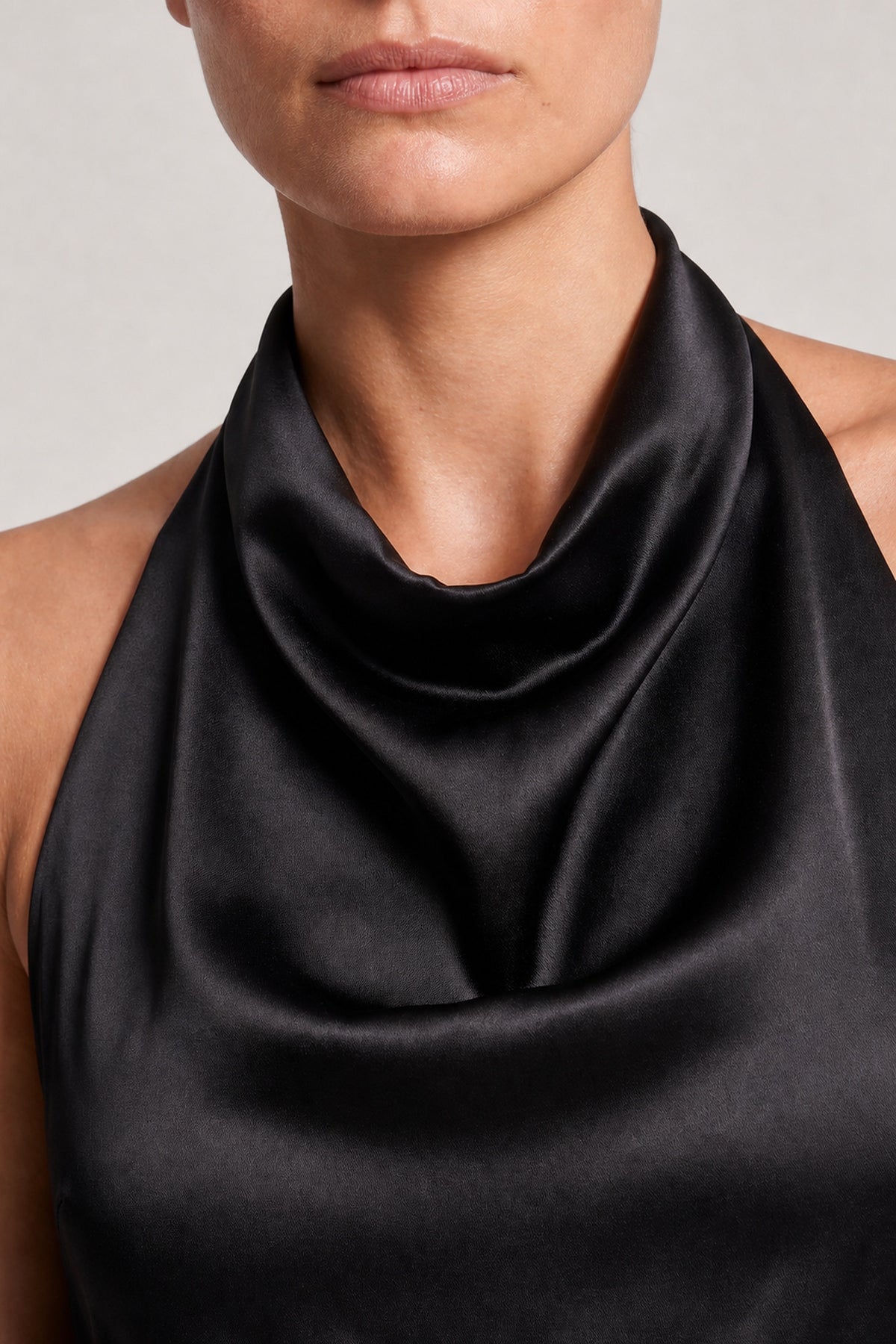 Fringed Halter Satin Dress In Black