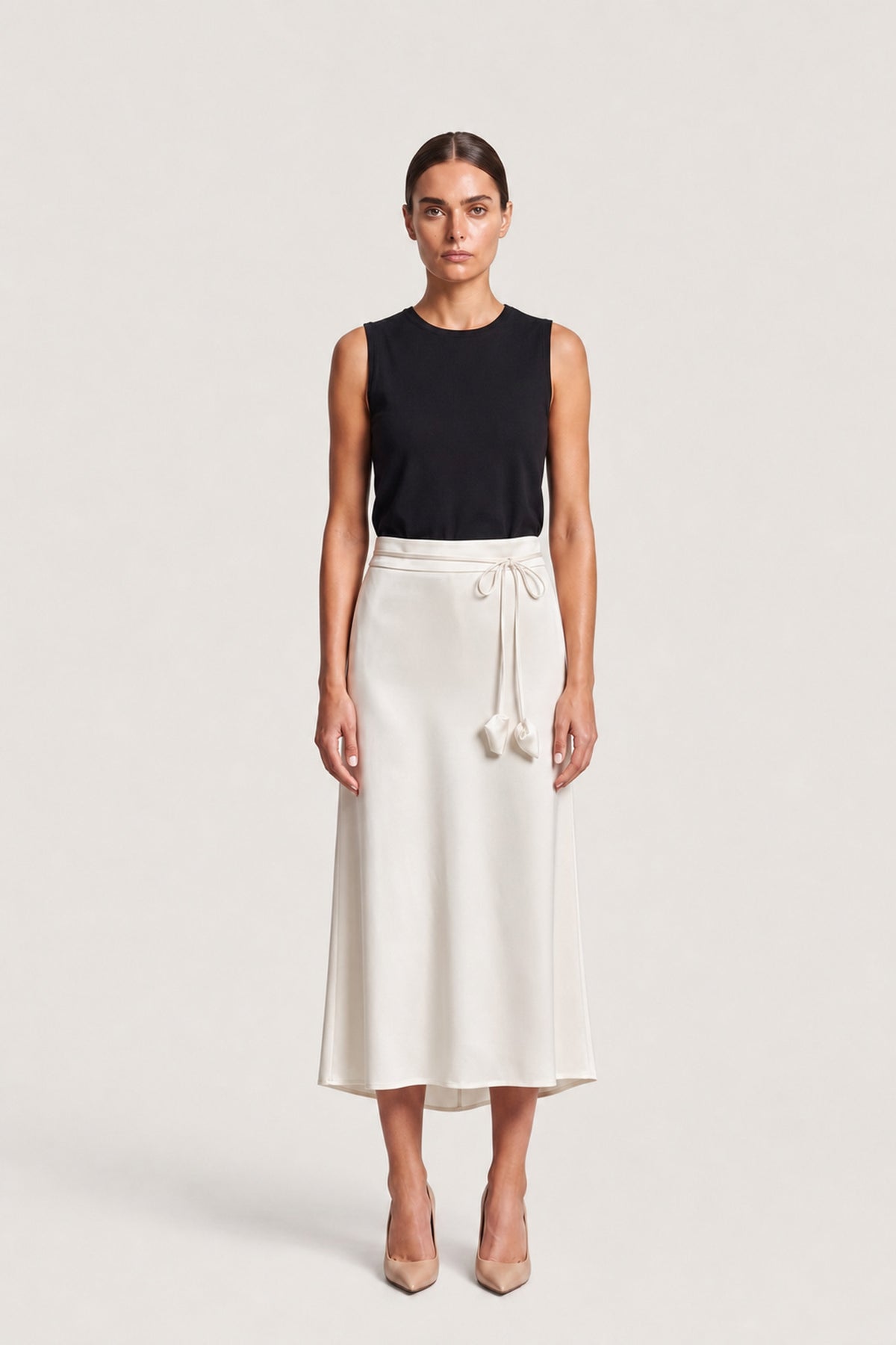 Drawstring Satin Midi Skirt In White