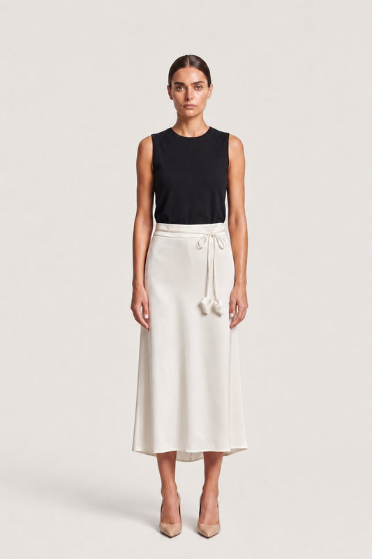 Drawstring Satin Midi Skirt In White