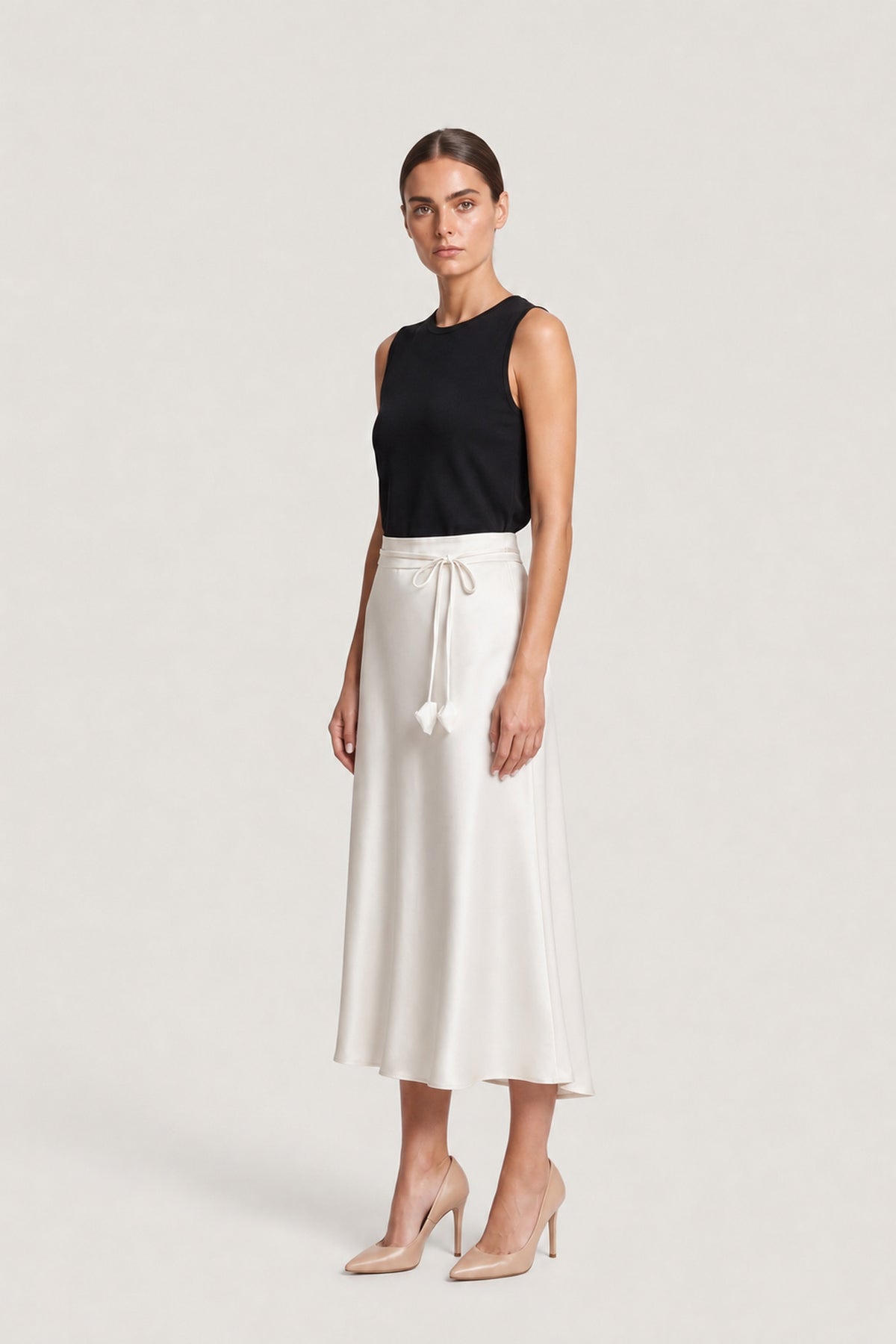 Drawstring Satin Midi Skirt In White