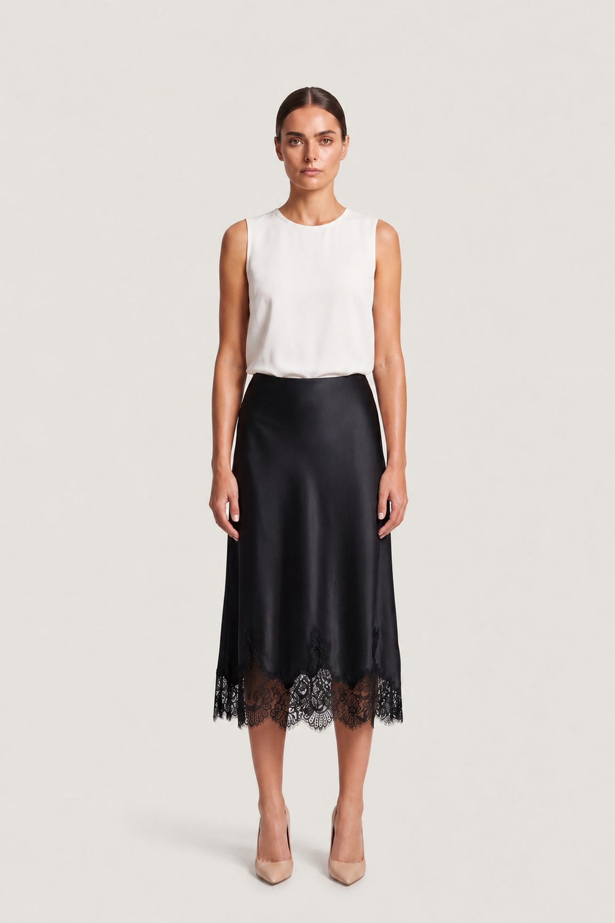 Lace Trim Satin Midi Skirt In Black