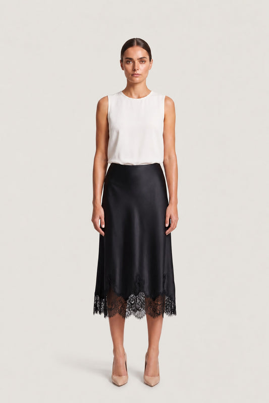 Lace Trim Satin Midi Skirt In Black