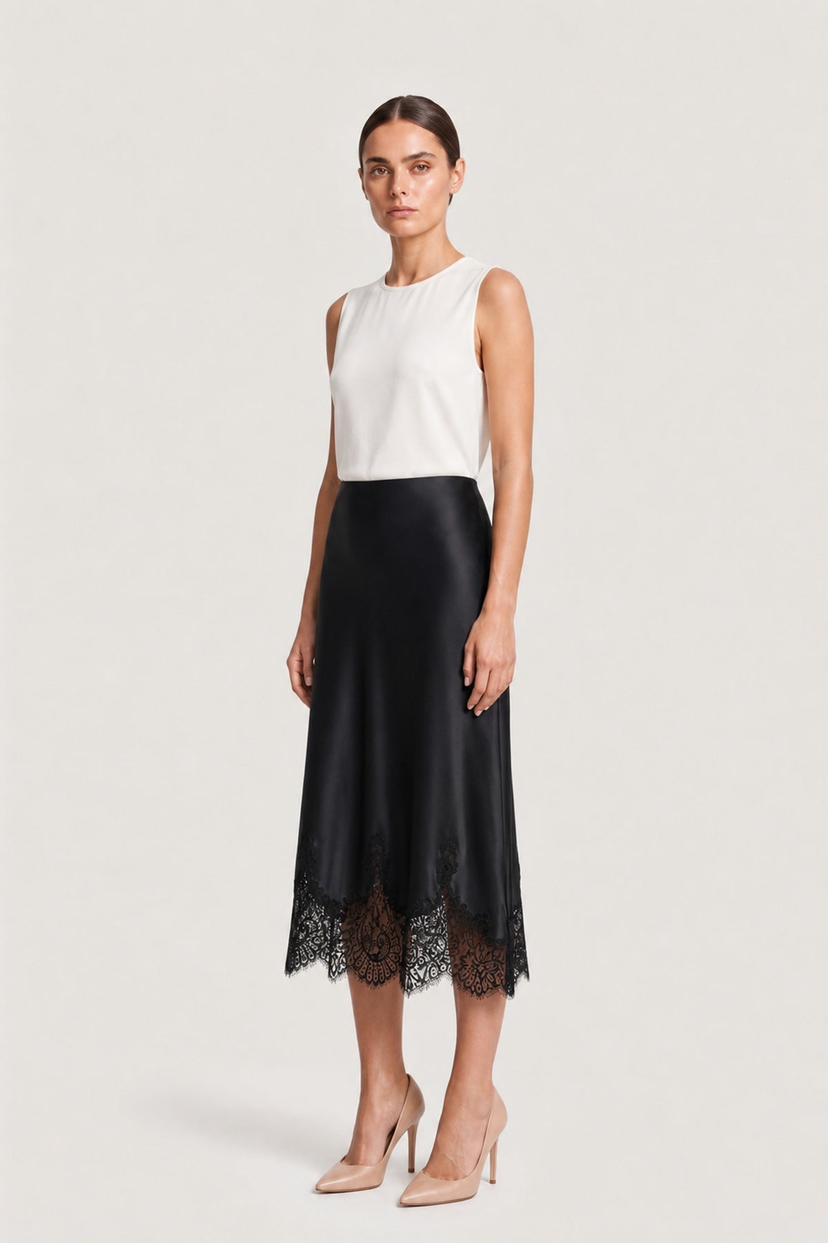 Lace Trim Satin Midi Skirt In Black
