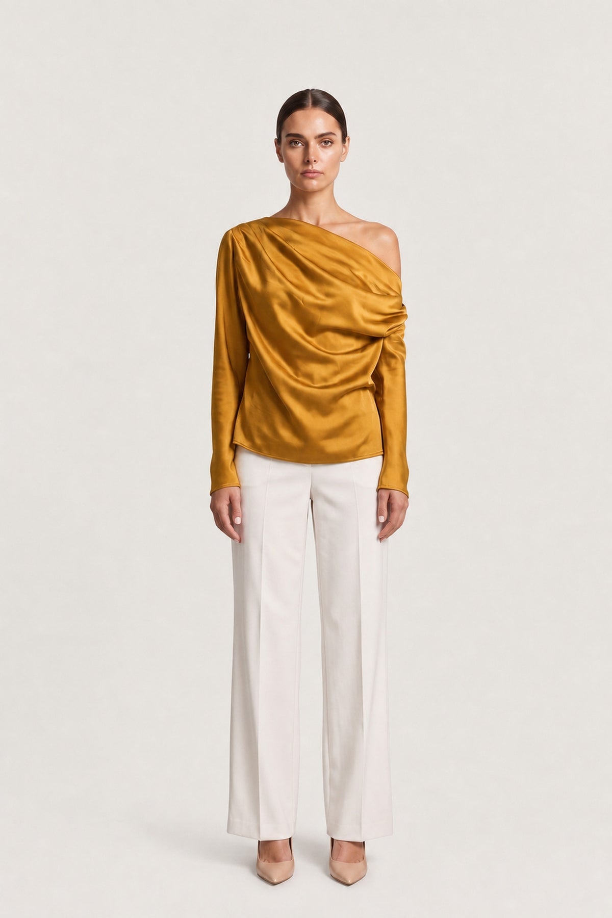 Draped Off Shoulder Satin Top In Amber
