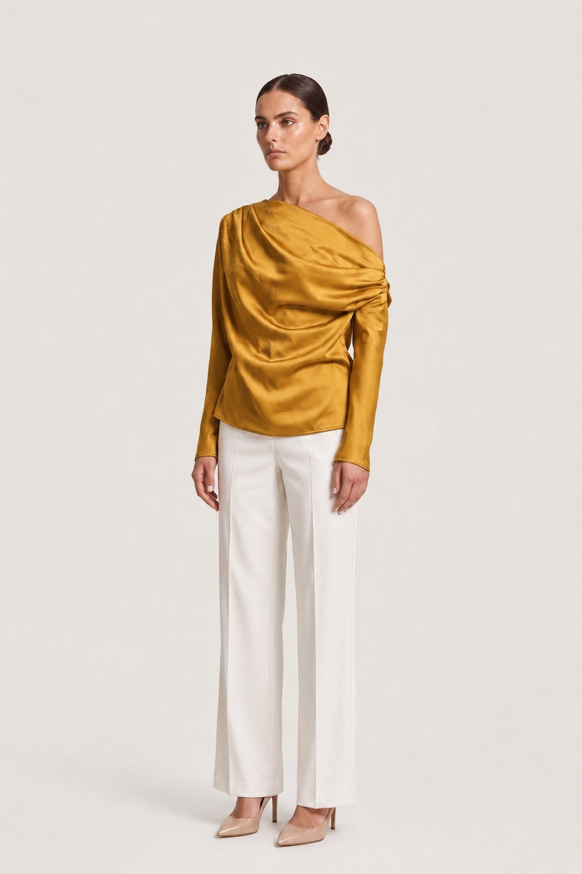 Draped Off Shoulder Satin Top In Amber