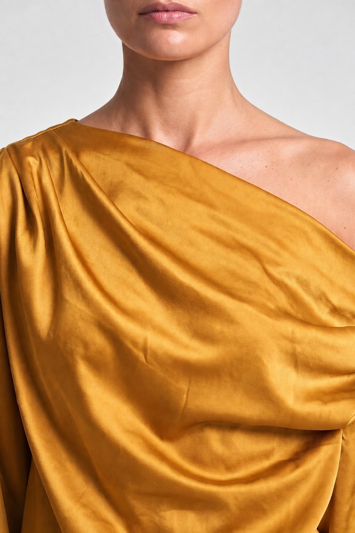 Draped Off Shoulder Satin Top In Amber