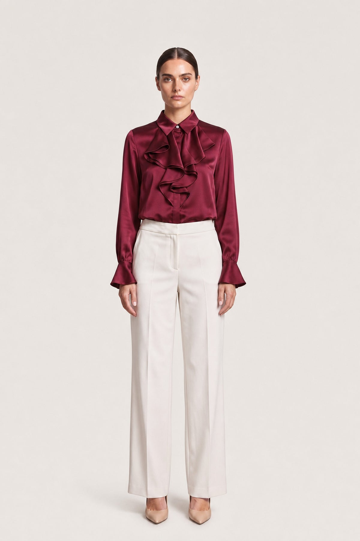 Ruffle Front Satin Blouse In Bordeaux