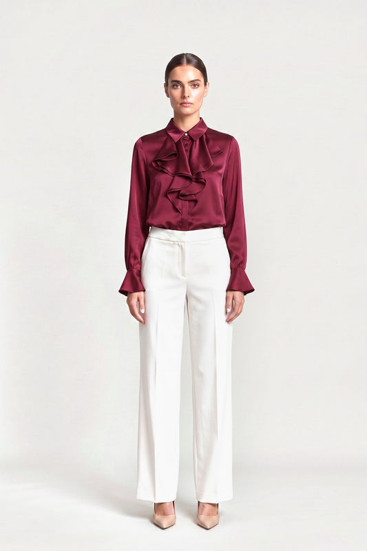 Ruffle Front Satin Blouse In Bordeaux