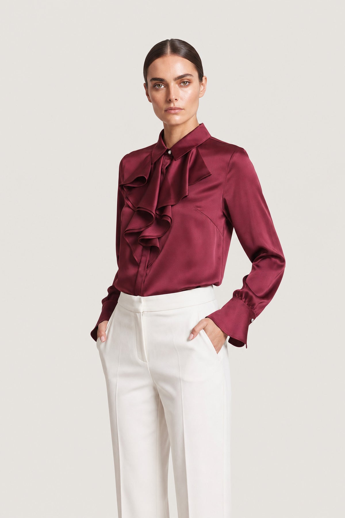 Ruffle Front Satin Blouse In Bordeaux