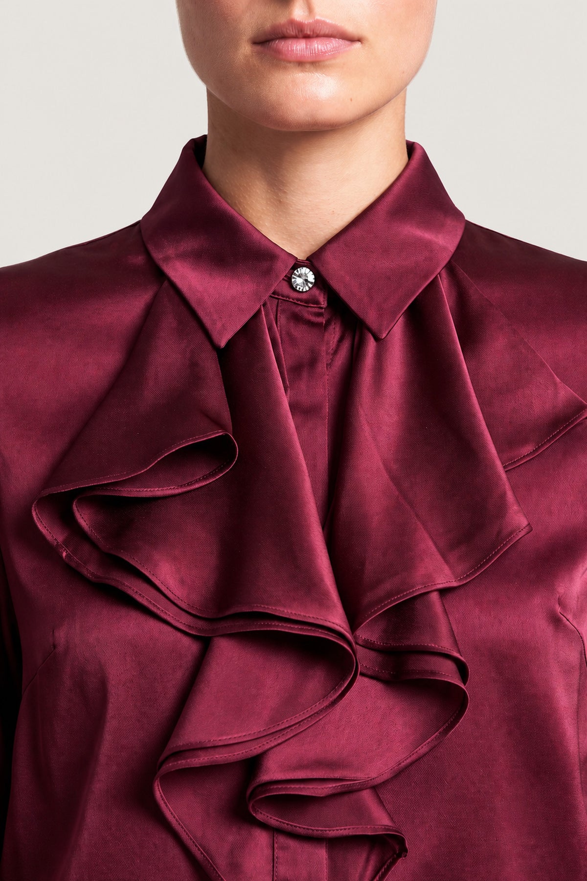 Ruffle Front Satin Blouse In Bordeaux