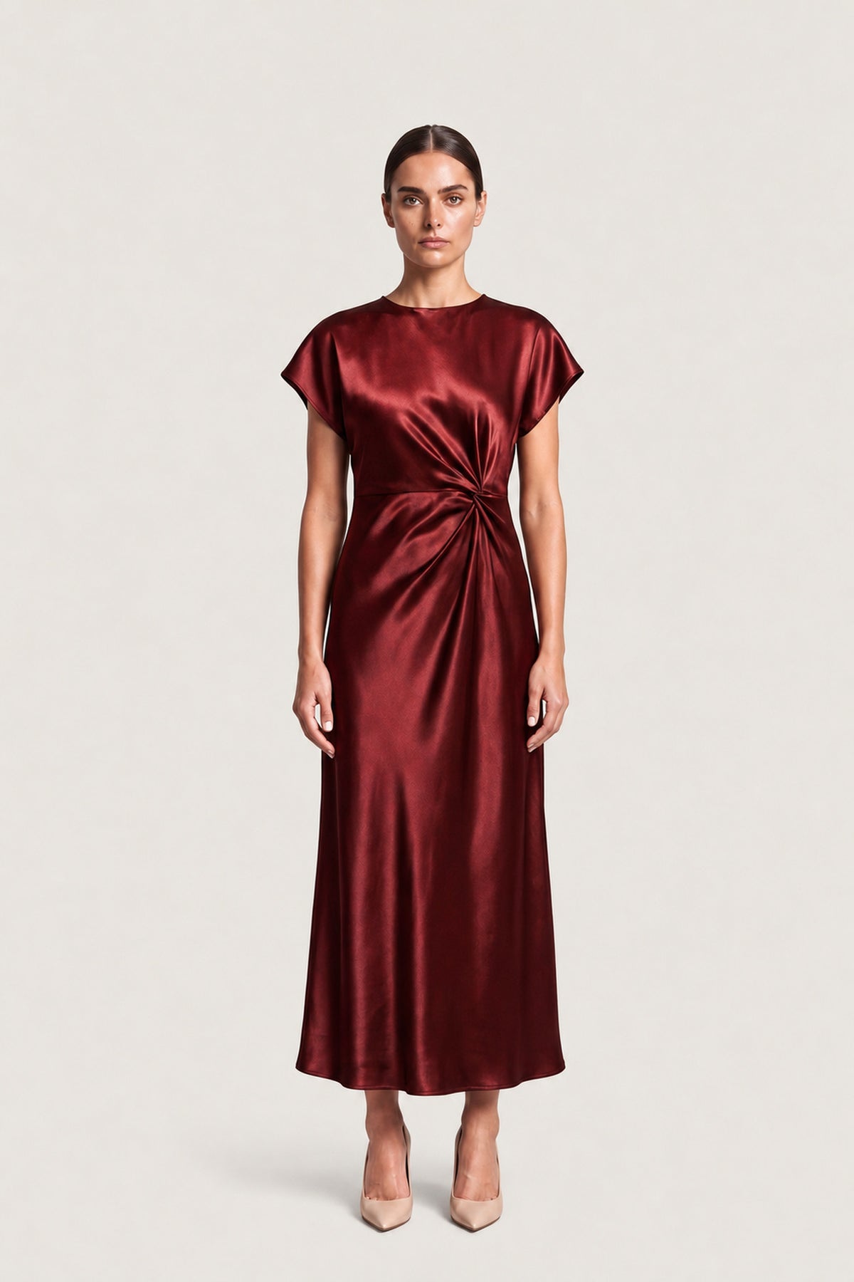 Side Knot Satin Midi Dress In Oxblood