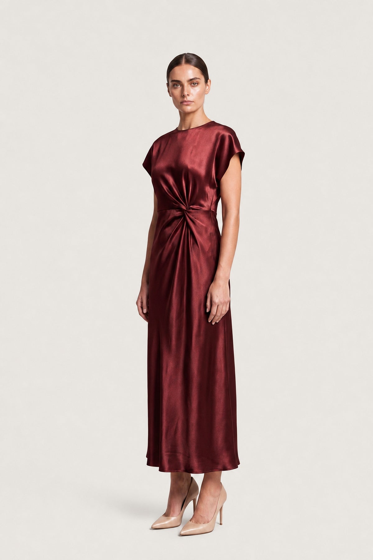 Side Knot Satin Midi Dress In Oxblood