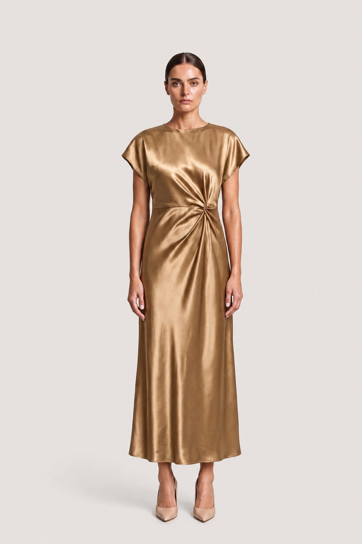Side Knot Satin Midi Dress In Antique Gold