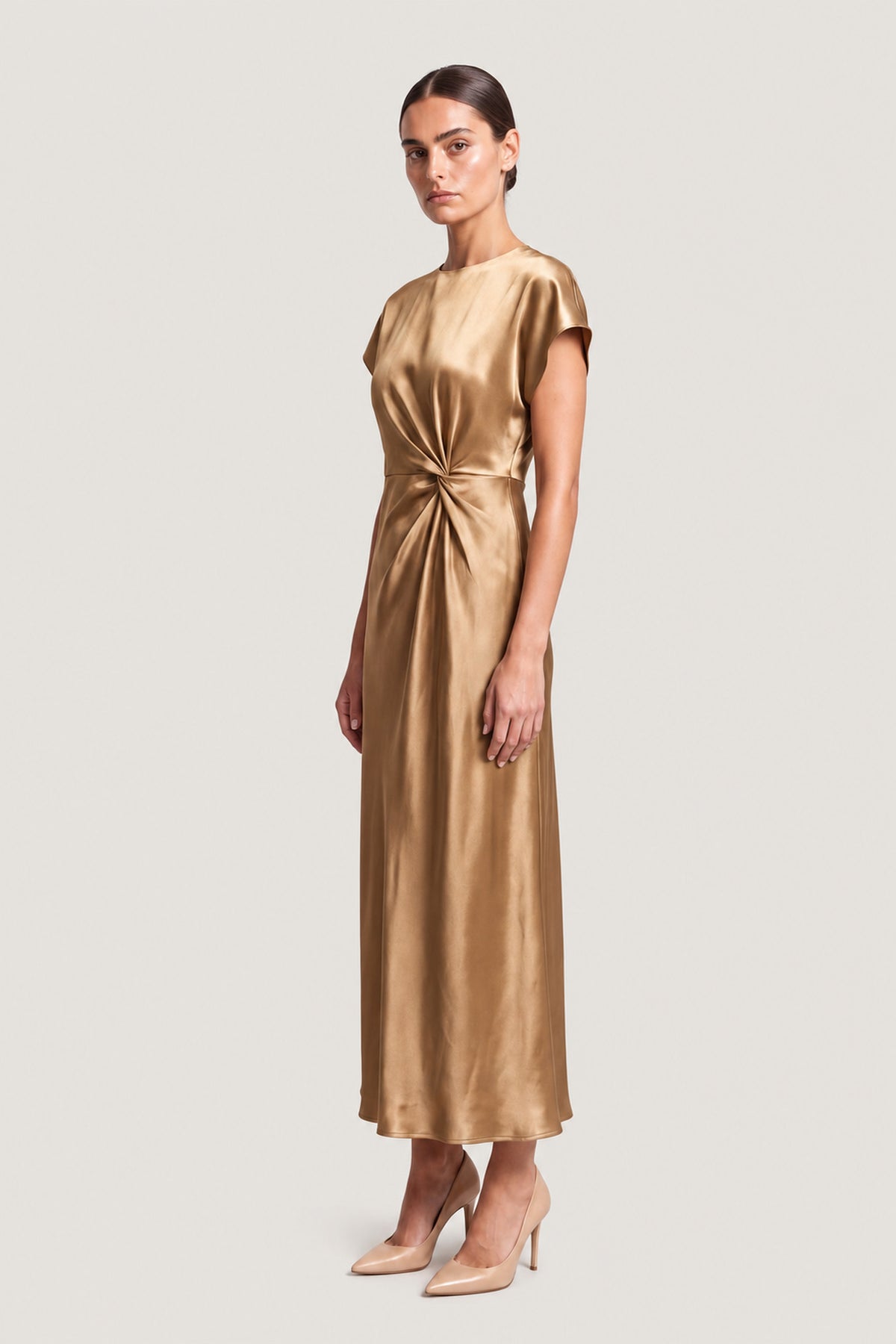 Side Knot Satin Midi Dress In Antique Gold