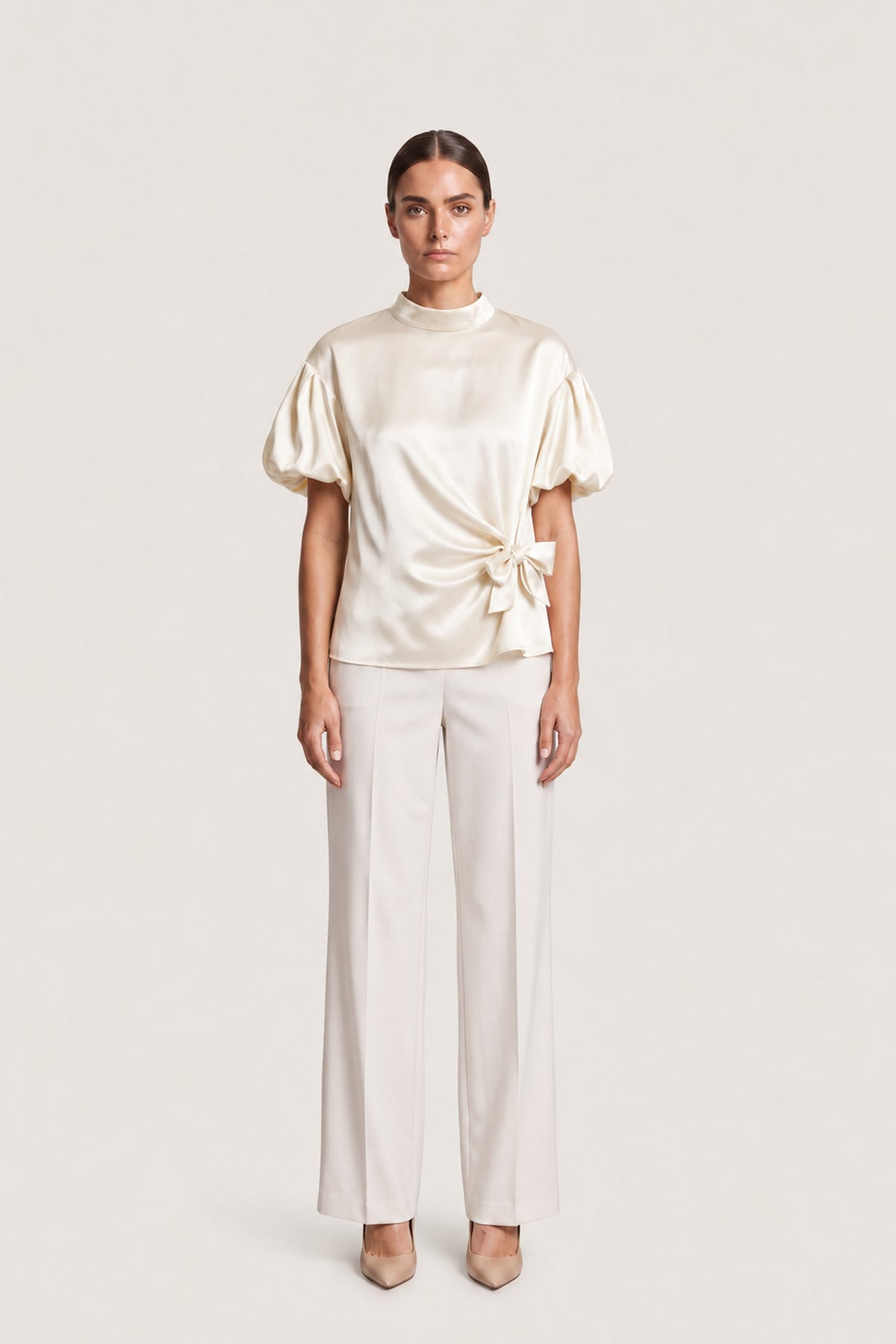 Side Tie Satin Blouse In Ivory