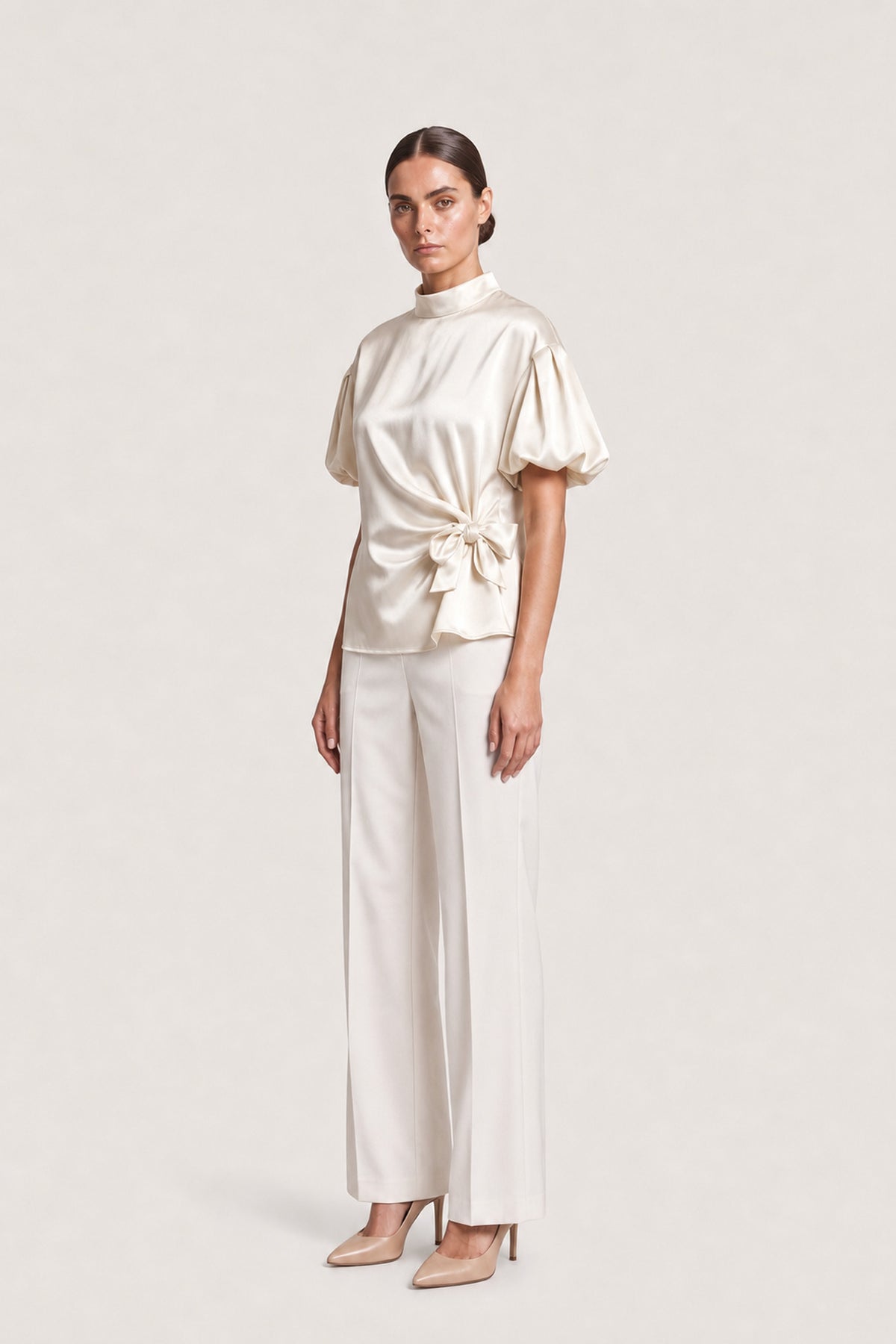Side Tie Satin Blouse In Ivory