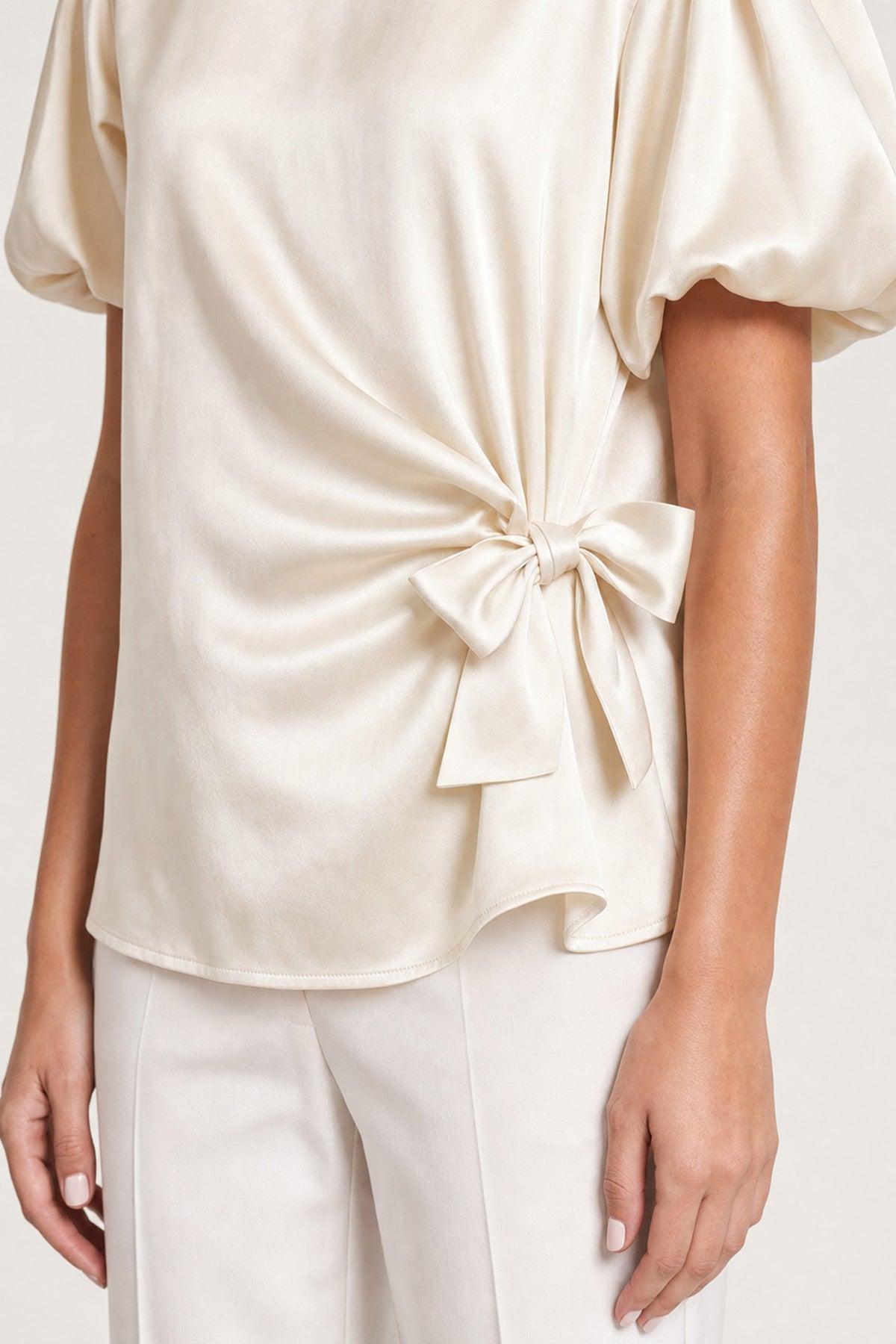 Side Tie Satin Blouse In Ivory