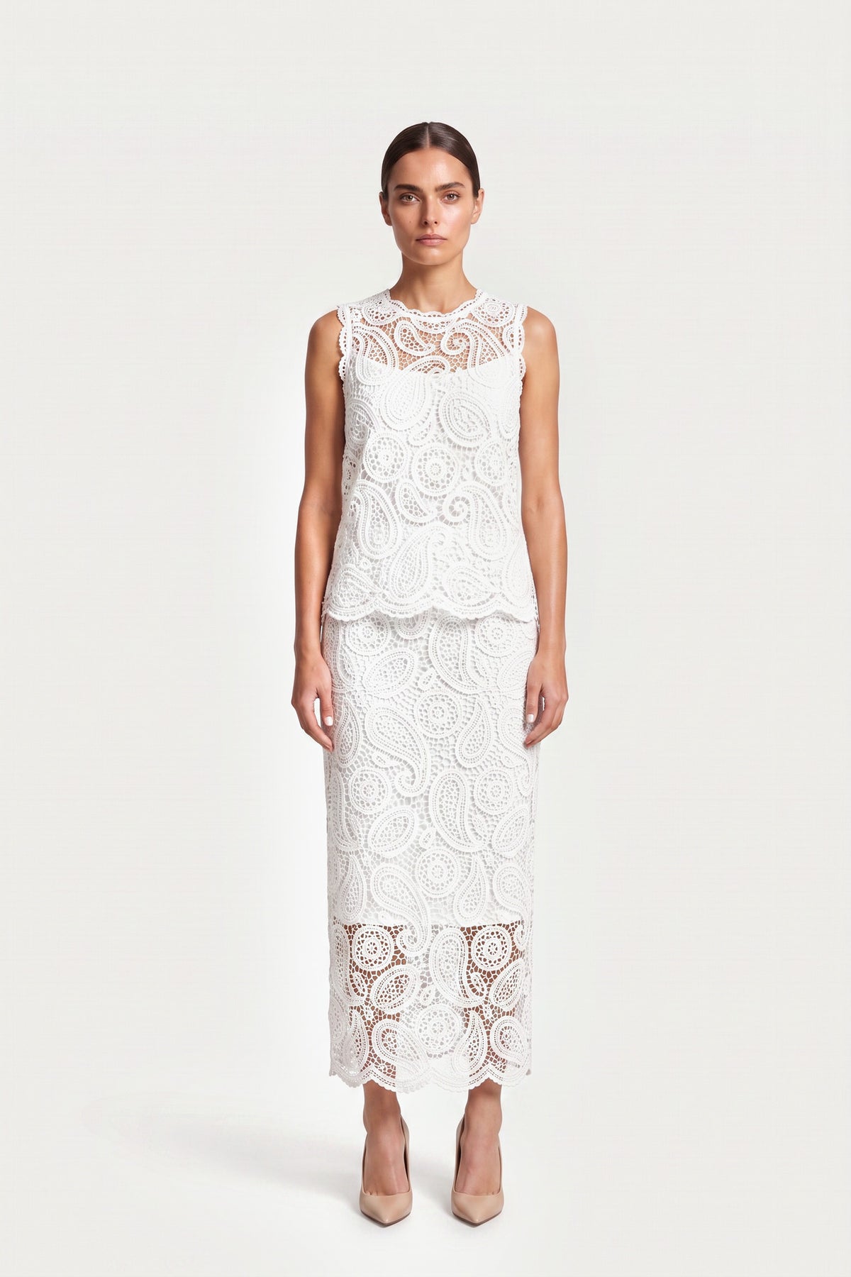 Guipure Lace Skirt Set In White