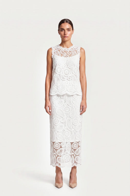 Guipure Lace Skirt Set In White
