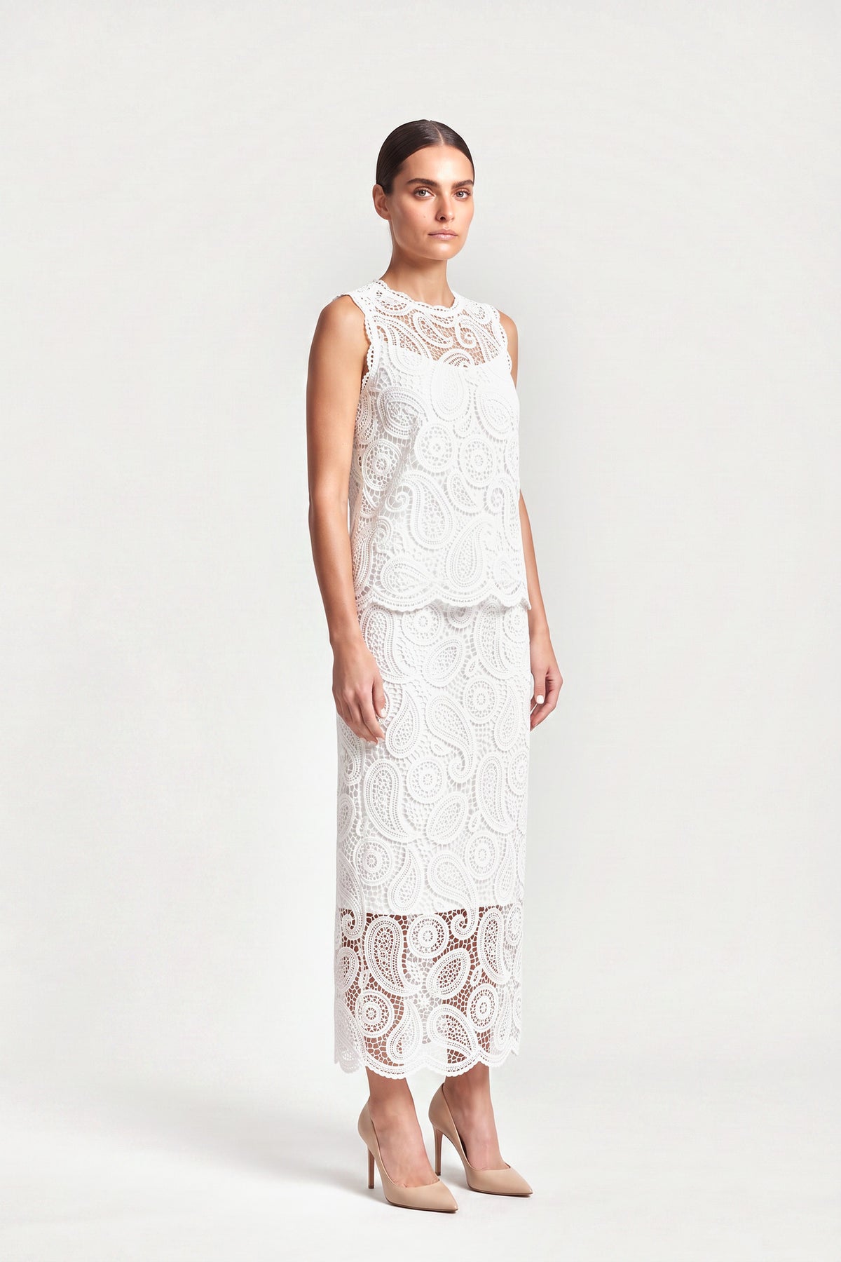 Guipure Lace Skirt Set In White