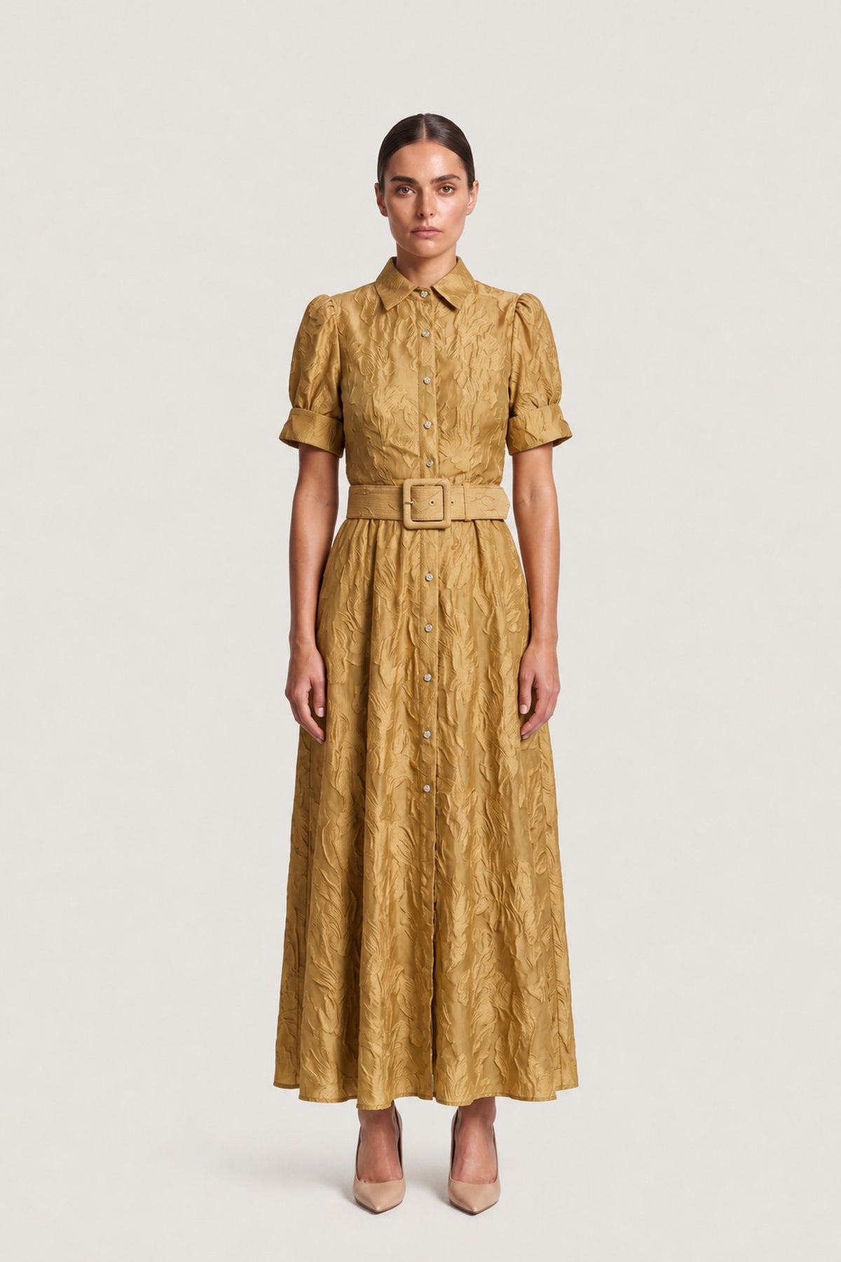 Belted Cloqué Shirt Dress In Antique Gold