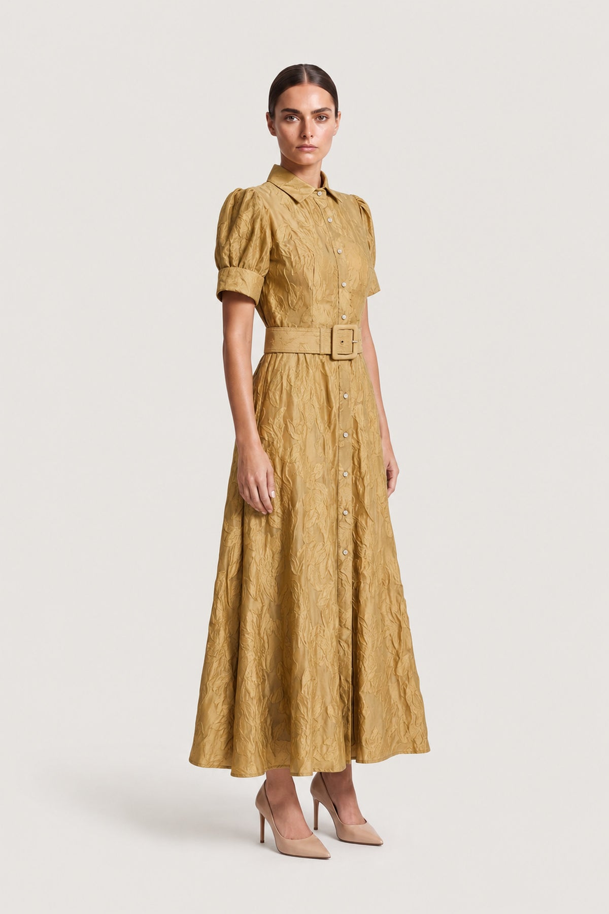 Belted Cloqué Shirt Dress In Antique Gold