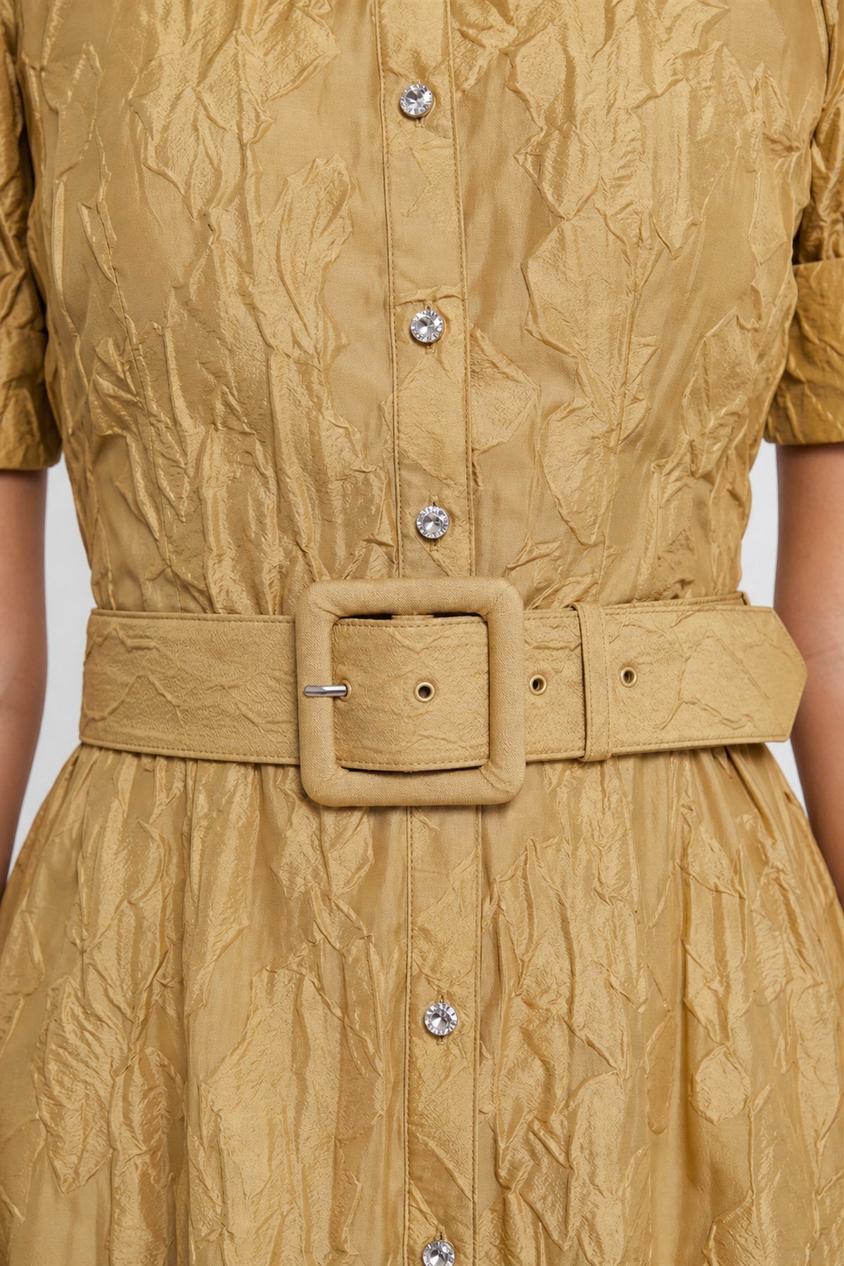 Belted Cloqué Shirt Dress In Antique Gold