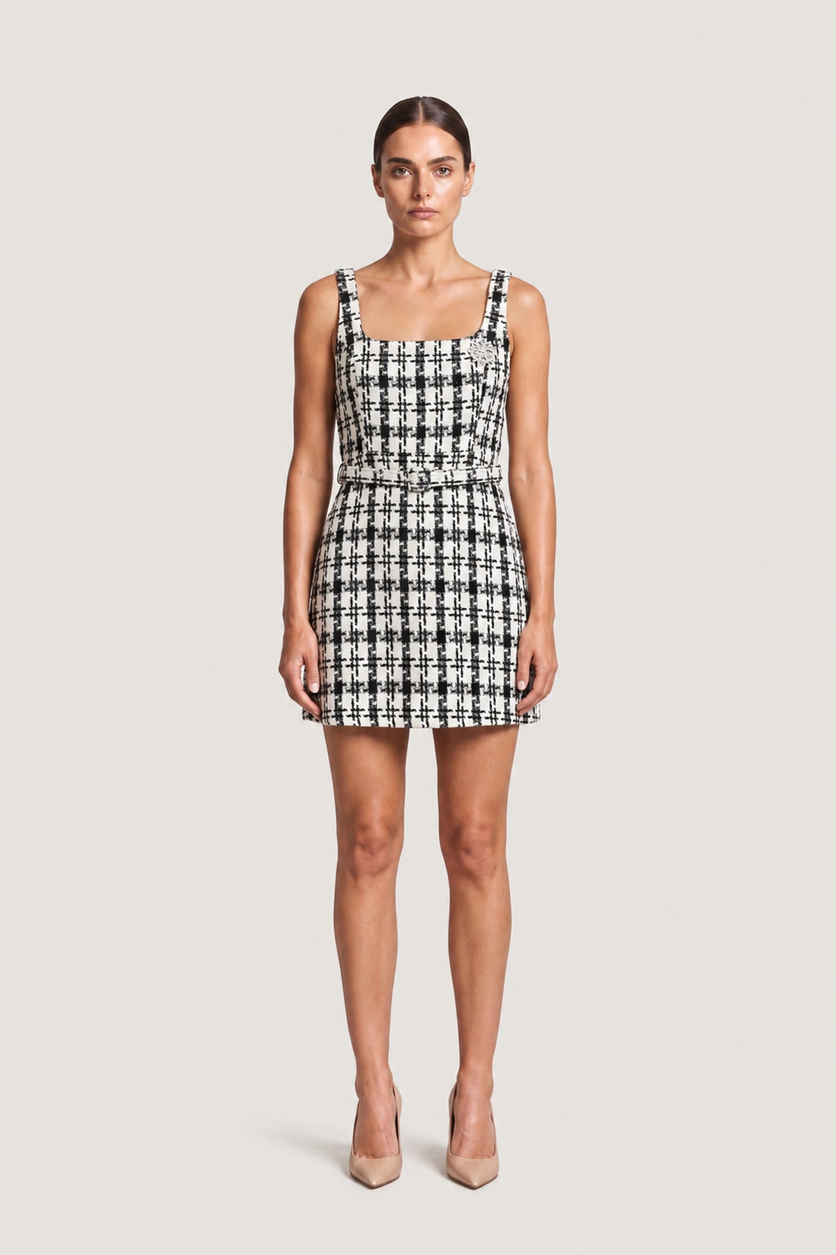 Brooch Detail Tweed Mini Dress In Monochrome