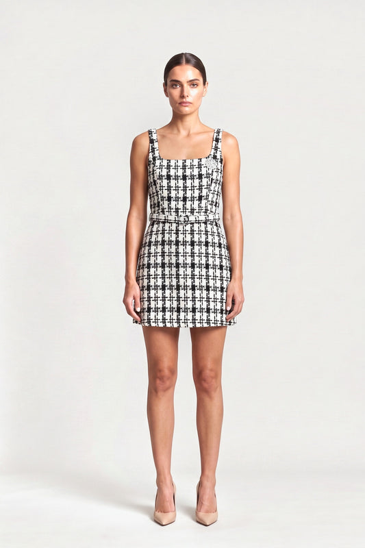 Brooch Detail Tweed Mini Dress In Monochrome